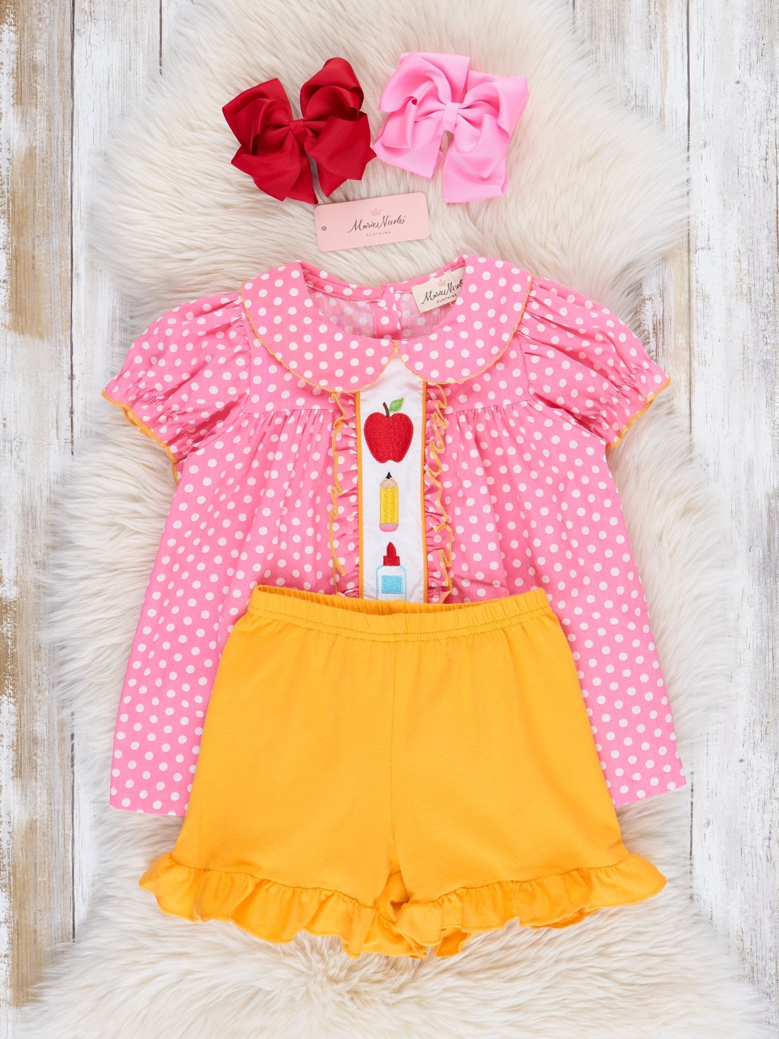 Pink Dots School Supplies Ruffle Outfit - Marie Nicole Clothing