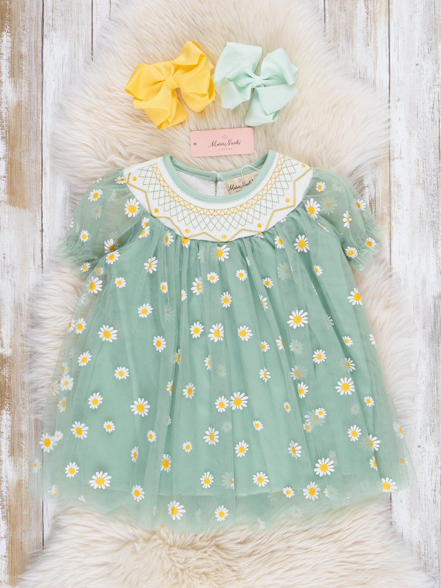 Green Smocked Garden Blooms Tulle Overlay Dress - Marie Nicole Clothing
