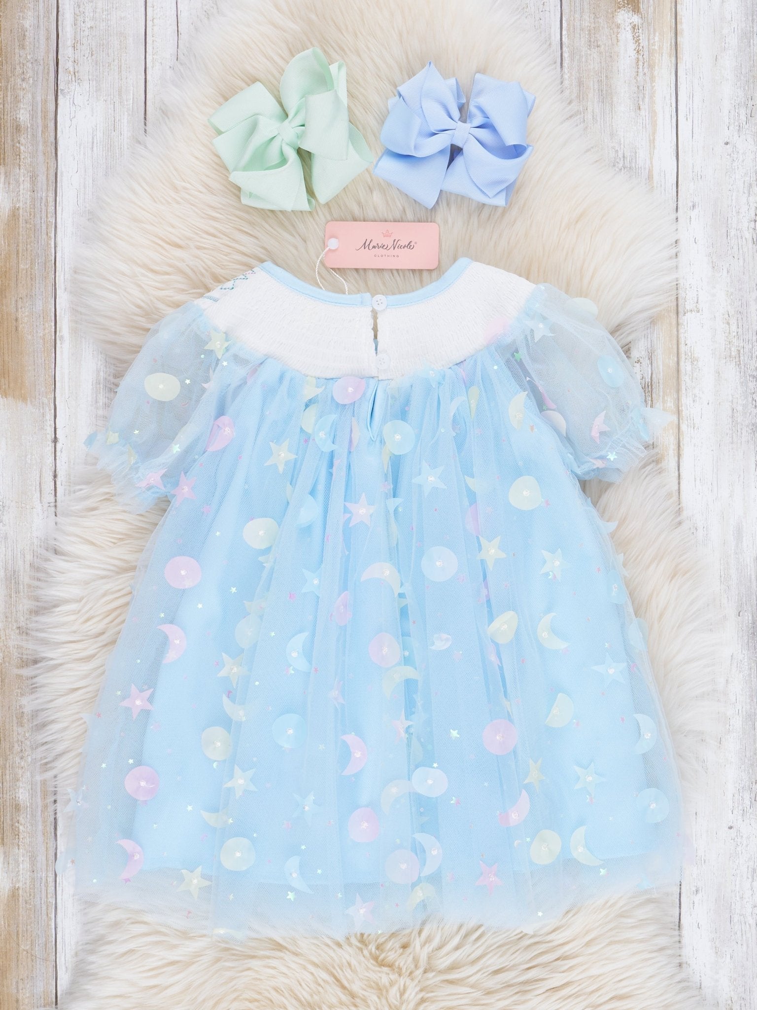 Blue Smocked Garden Blooms Tulle Overlay Dress - Marie Nicole Clothing