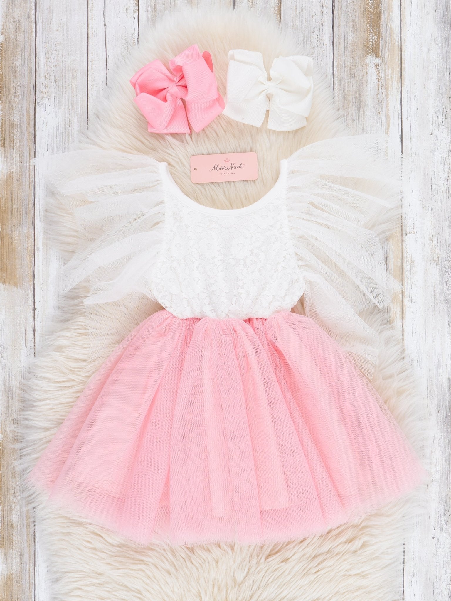 Pink & White Flutter Tulle Dress - Marie Nicole Clothing