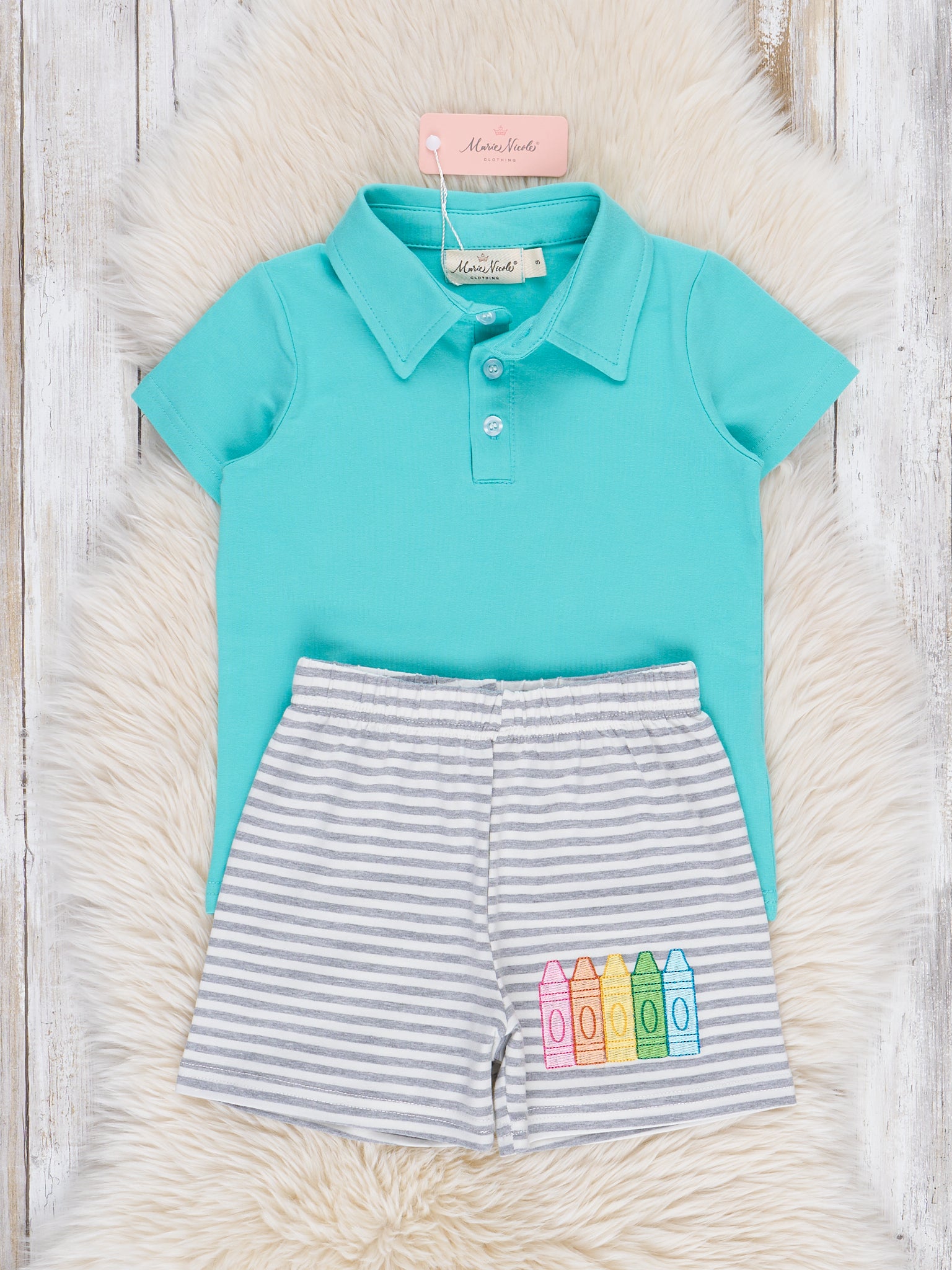 Striped Embroidered Crayons Polo Outfit - Marie Nicole Clothing