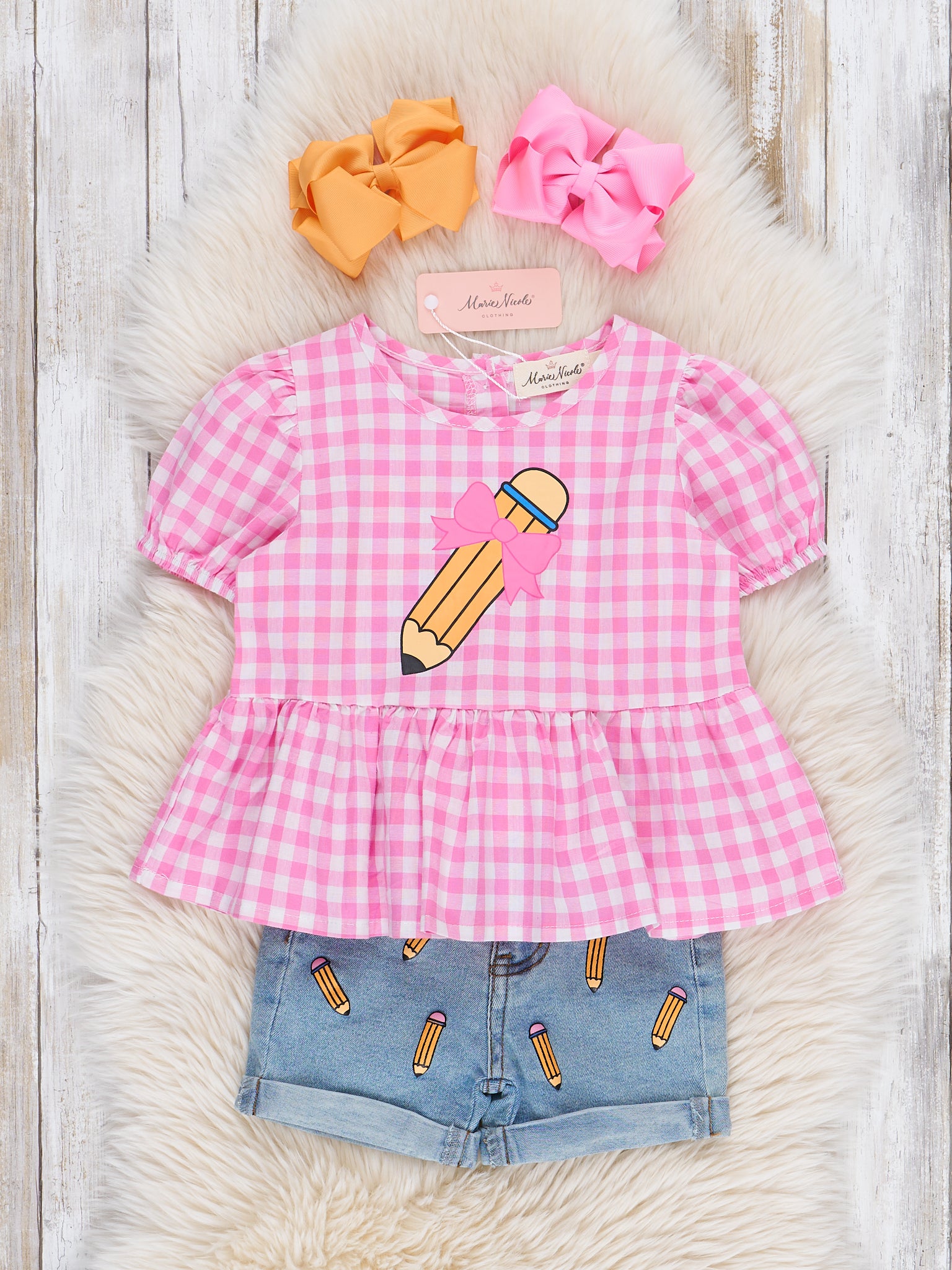 Gingham Bow Pencil Denim Outfit - Marie Nicole Clothing