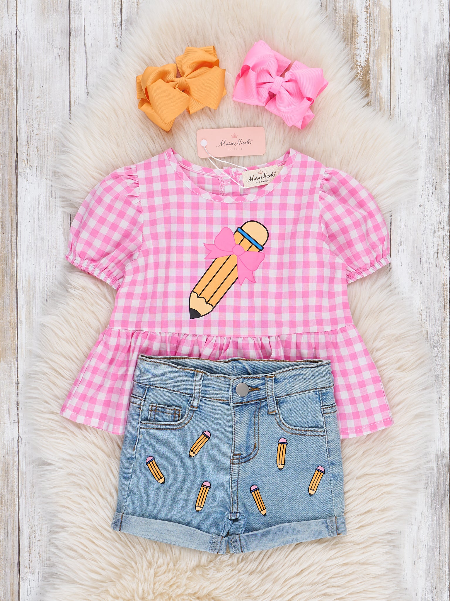 Gingham Bow Pencil Denim Outfit - Marie Nicole Clothing