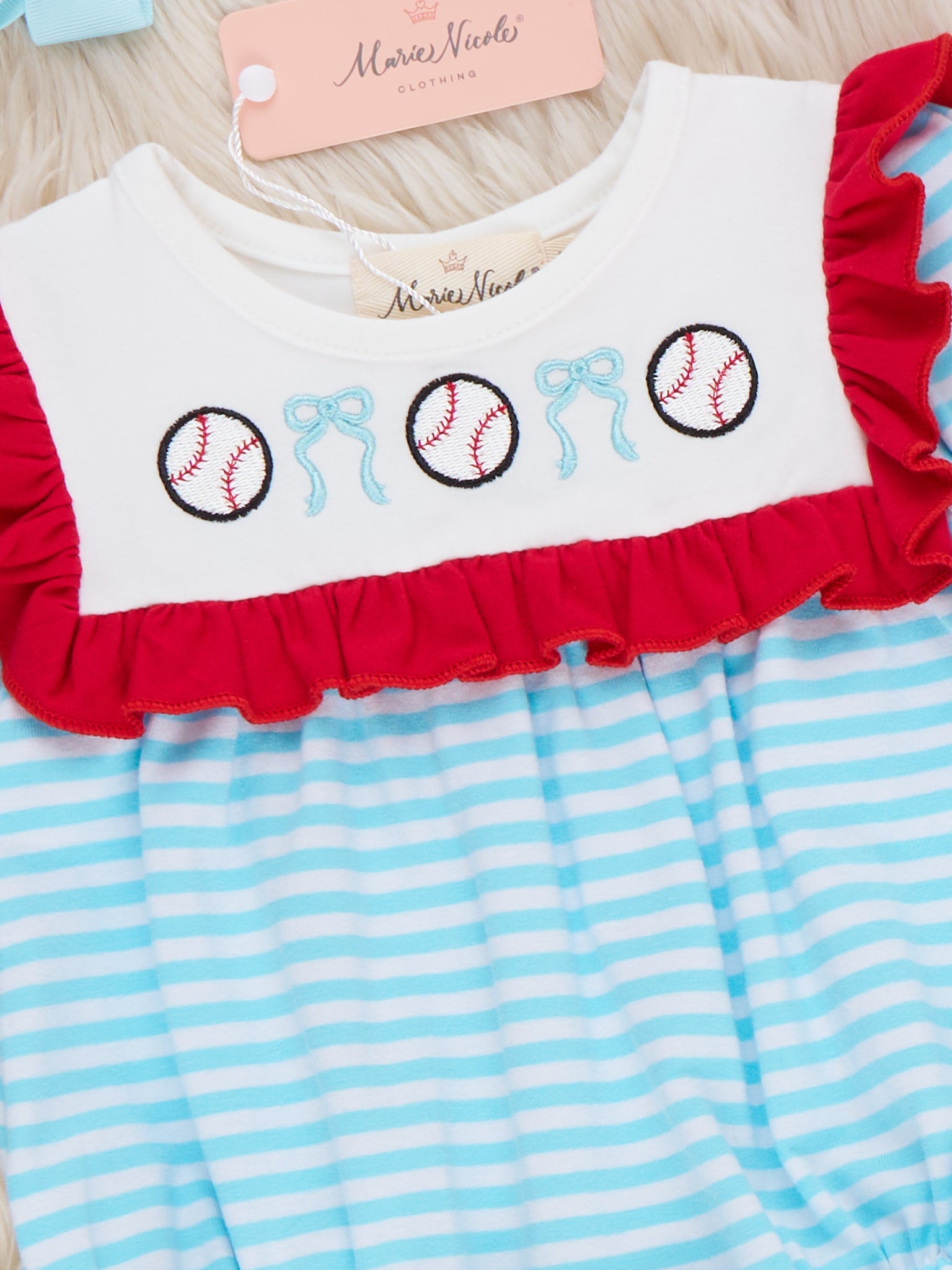 Bow Knot Baseball Embroidered Cotton Ruffle Bubble Romper - Marie Nicole Clothing