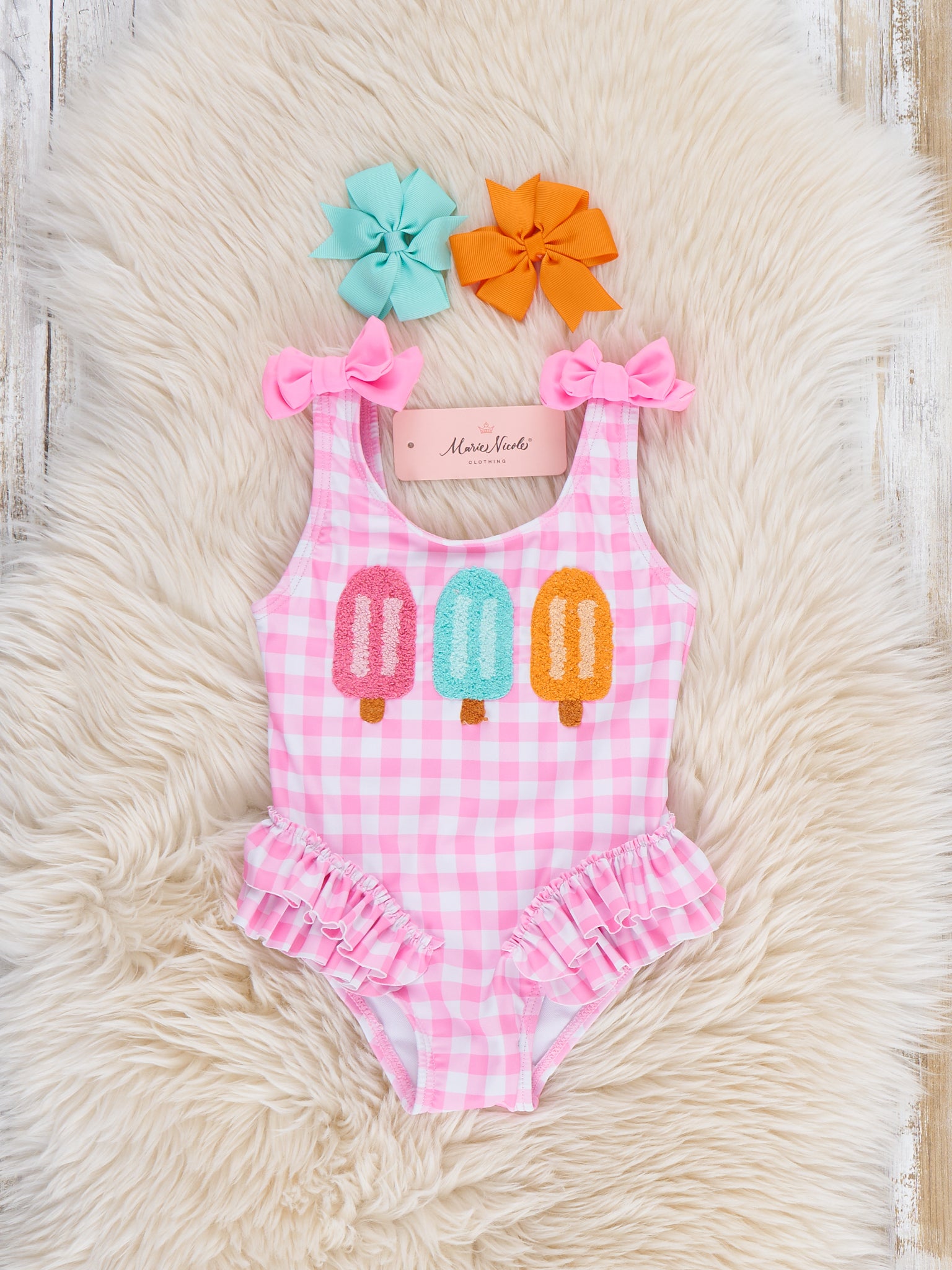Pretty Popsicles Embroidered Gingham Ruffle Swimsuit - Marie Nicole Clothing