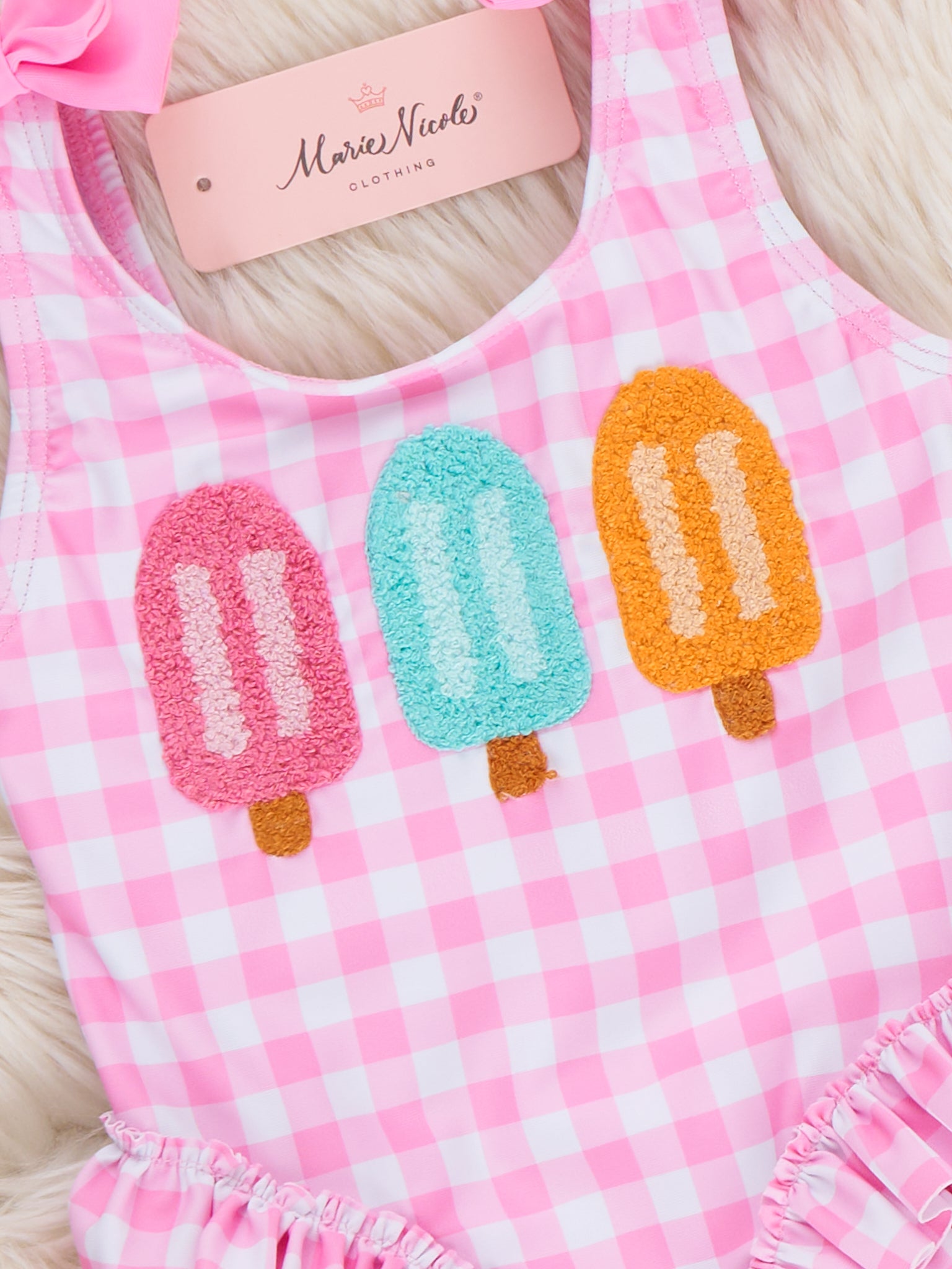 Pretty Popsicles Embroidered Gingham Ruffle Swimsuit - Marie Nicole Clothing
