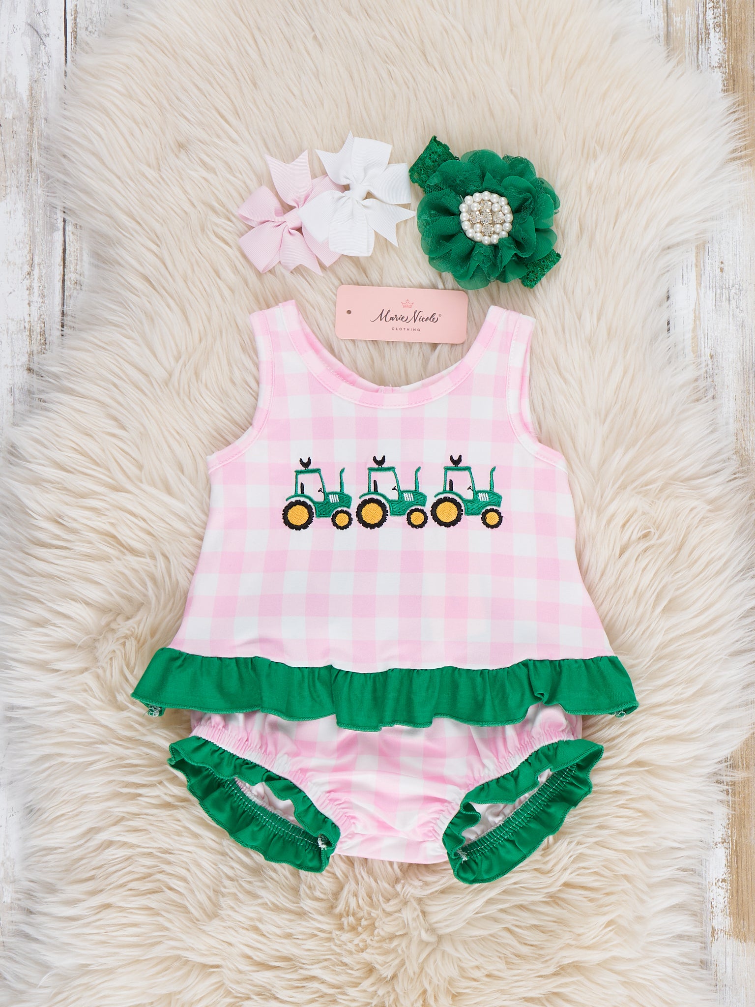 Little Farmer’s Fun Embroidered Plaid Bloomers Outfit - Marie Nicole Clothing