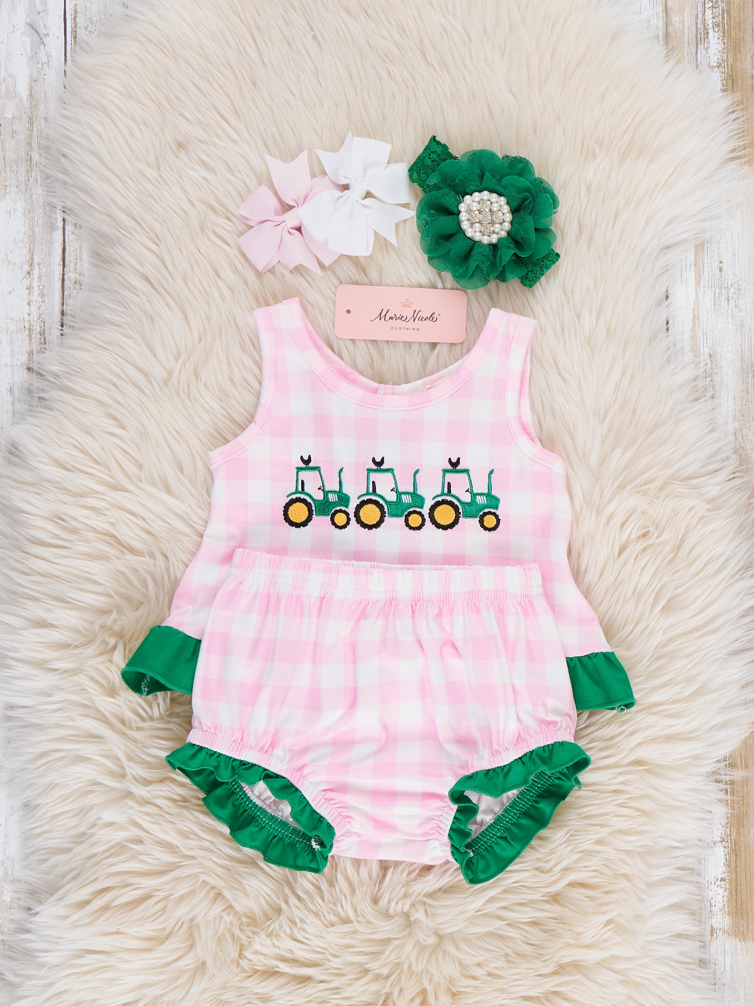 Little Farmer’s Fun Embroidered Plaid Bloomers Outfit - Marie Nicole Clothing