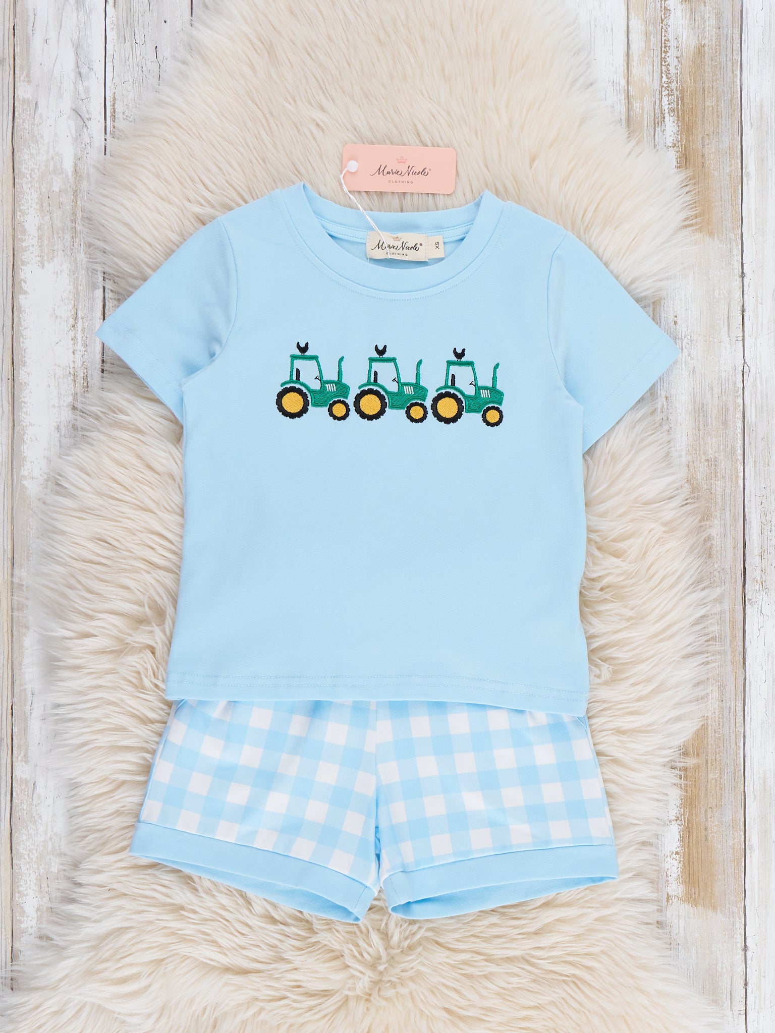 Little Farmer’s Fun Embroidered Plaid Outfit - Marie Nicole Clothing