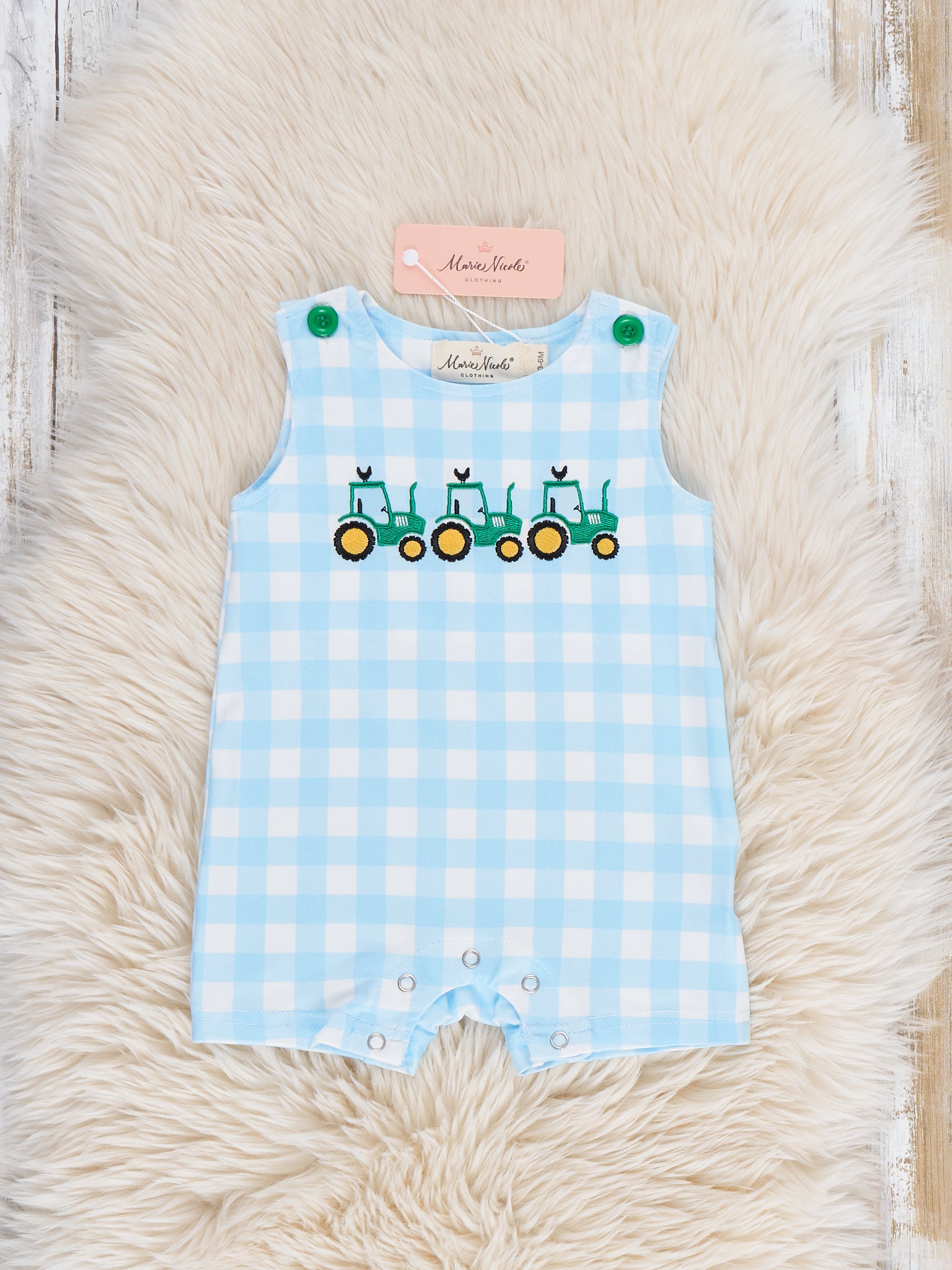 Little Farmer’s Fun Embroidered Plaid Romper - Marie Nicole Clothing