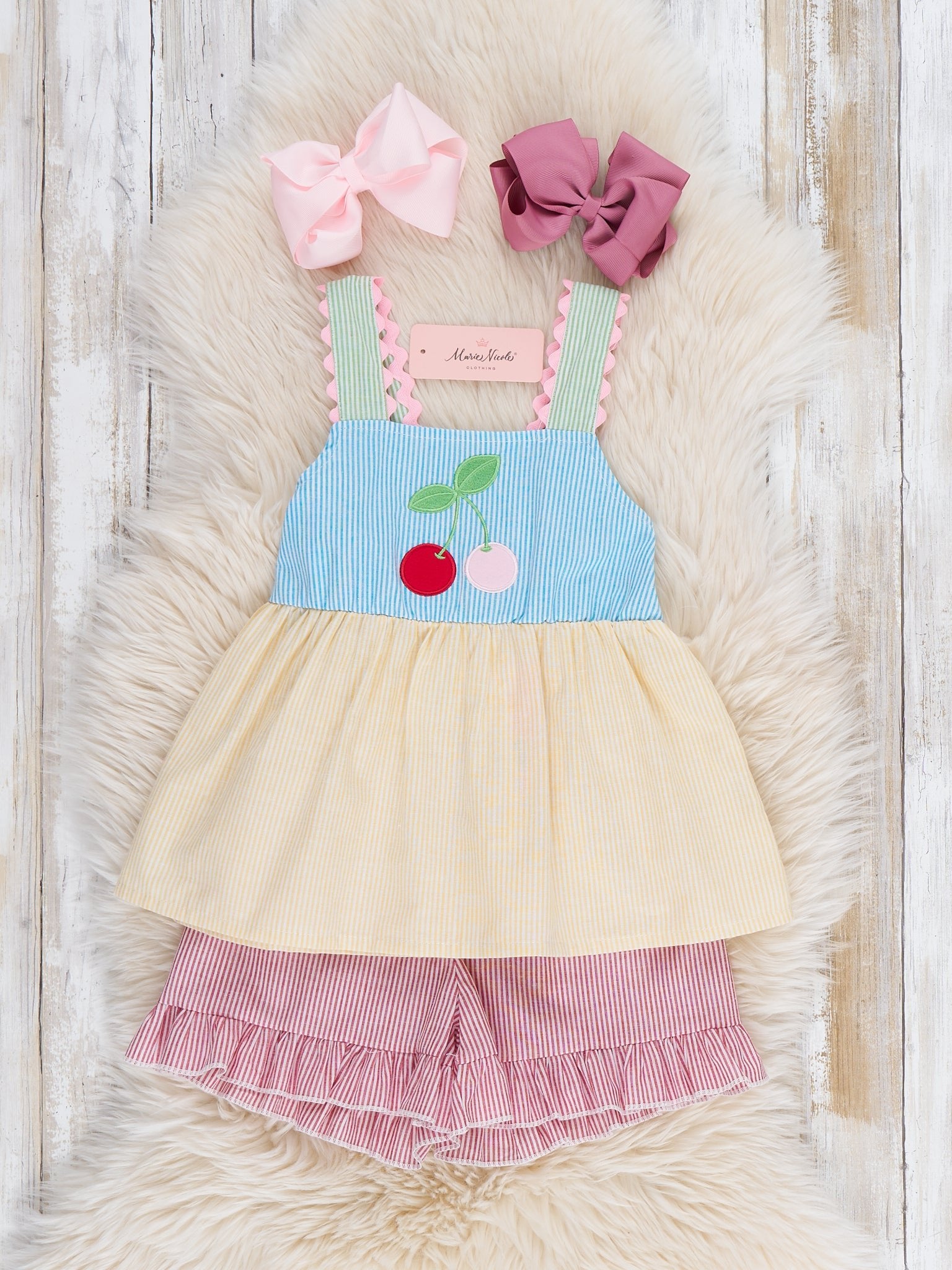 Summer Cherry Fun Embroidered 100% Cotton Ruffle Outfit - Marie Nicole Clothing