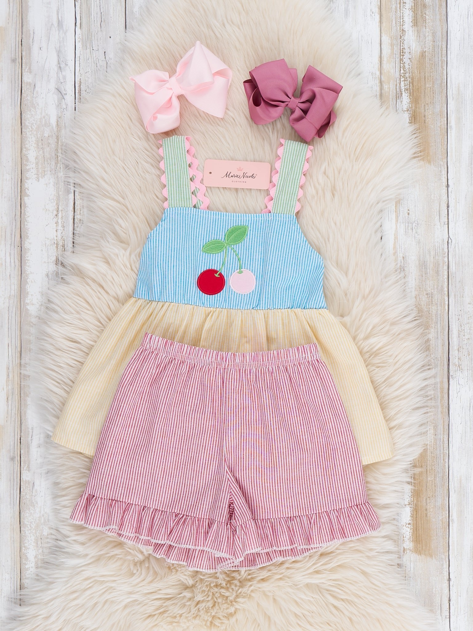 Summer Cherry Fun Embroidered 100% Cotton Ruffle Outfit - Marie Nicole Clothing