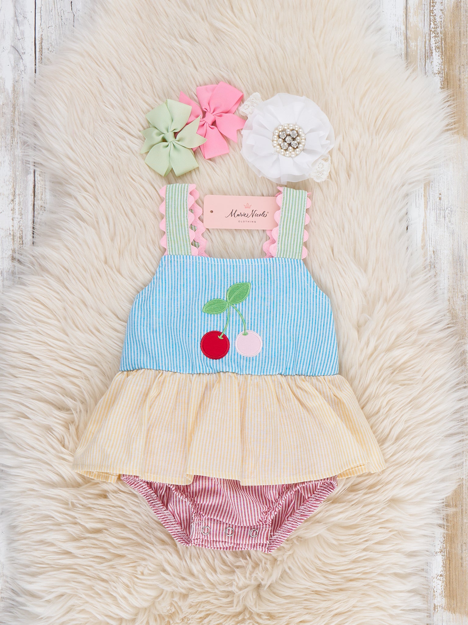 Summer Cherry Fun Embroidered 100% Cotton Ruffle Bubble Romper - Marie Nicole Clothing