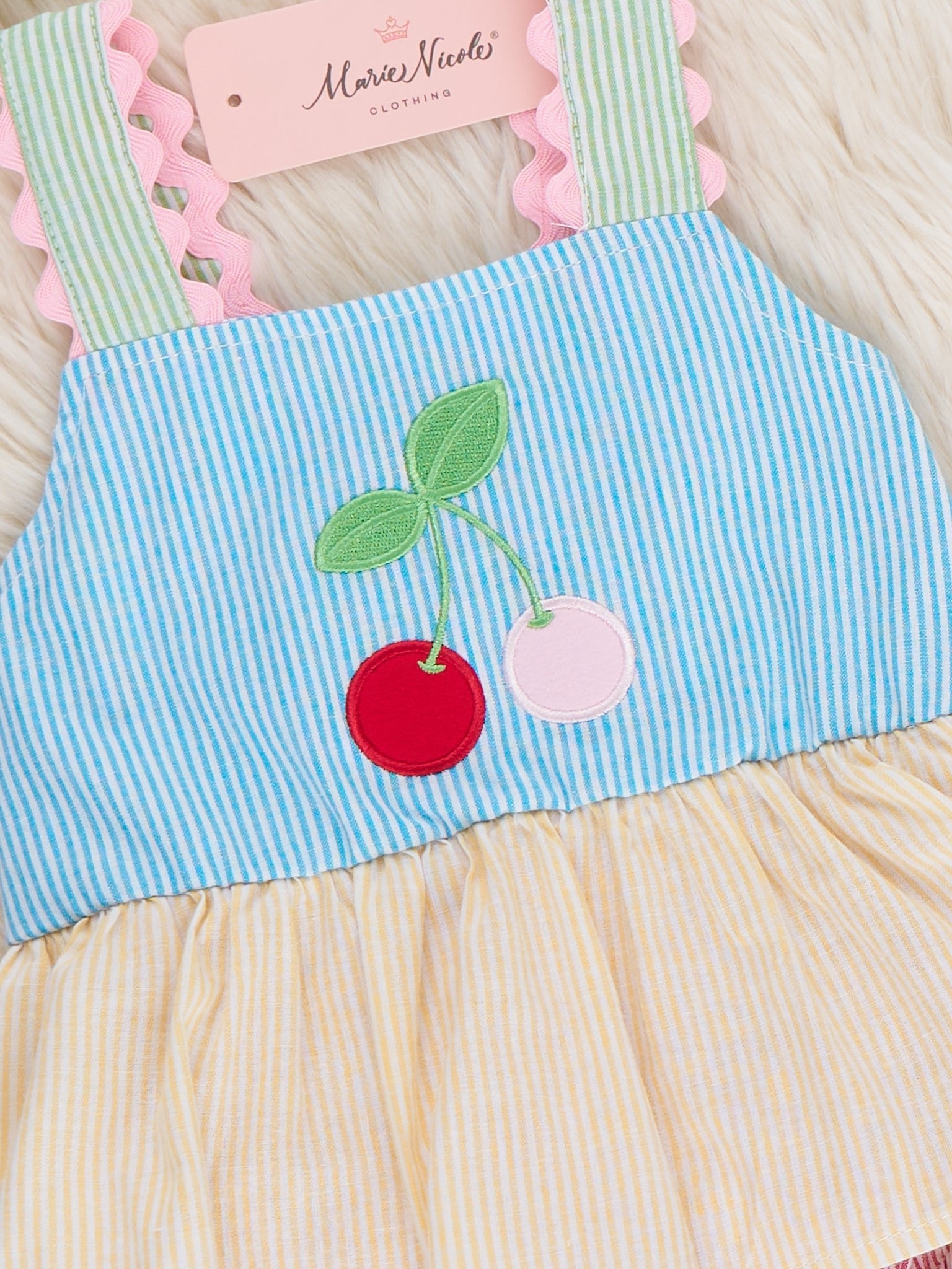 Summer Cherry Fun Embroidered 100% Cotton Ruffle Bubble Romper - Marie Nicole Clothing