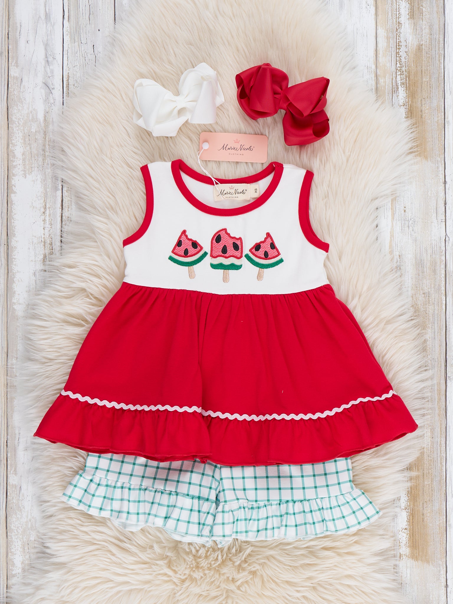 Watermelon Fun Embroidered Cotton Ruffle Outfit - Marie Nicole Clothing