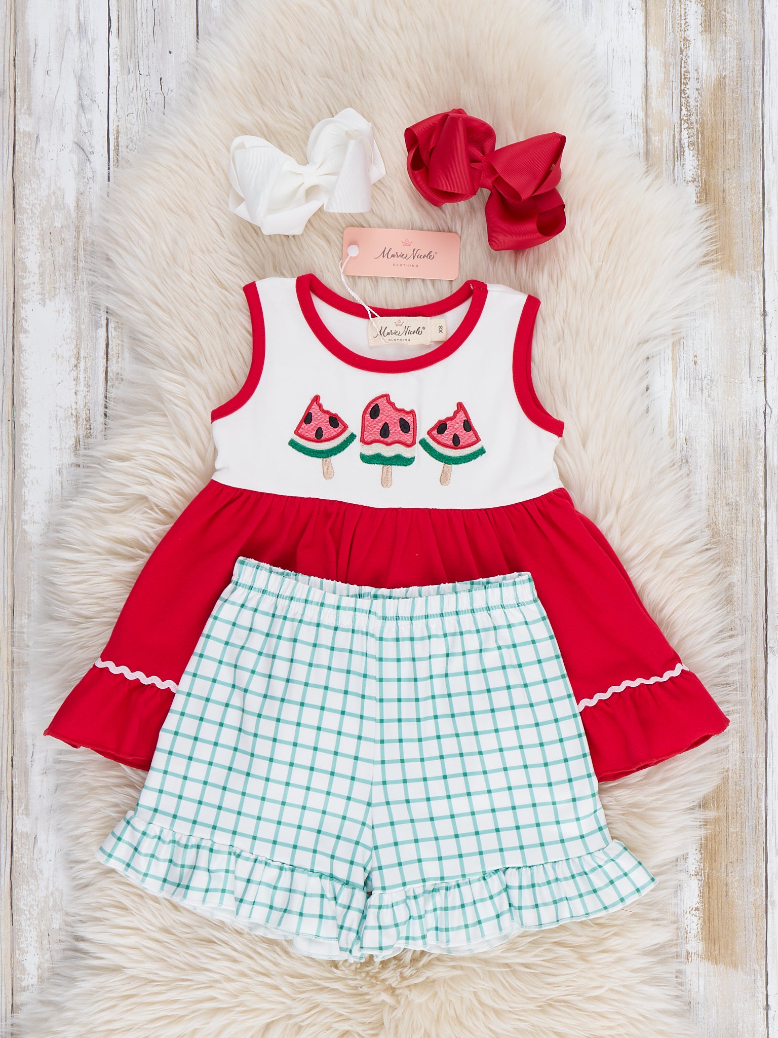 Watermelon Fun Embroidered Cotton Ruffle Outfit - Marie Nicole Clothing