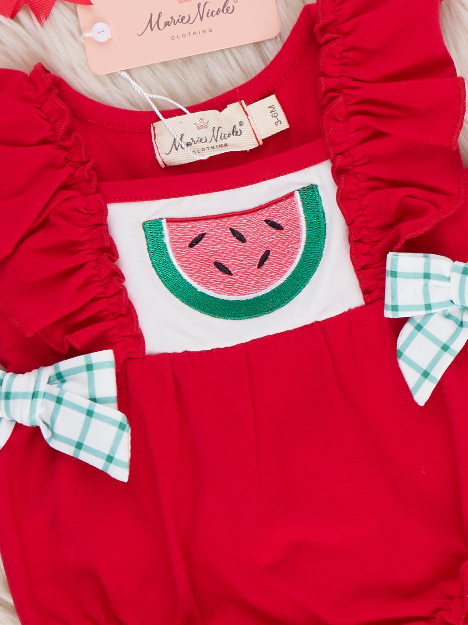 Watermelon Fun Embroidered Cotton Ruffle Bubble Romper - Marie Nicole Clothing