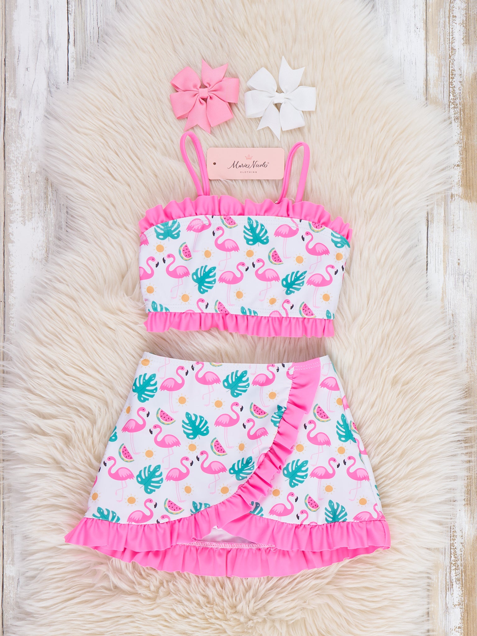 Flamingo Fiesta Ruffle 3 - Piece Swimsuit Set - Marie Nicole Clothing