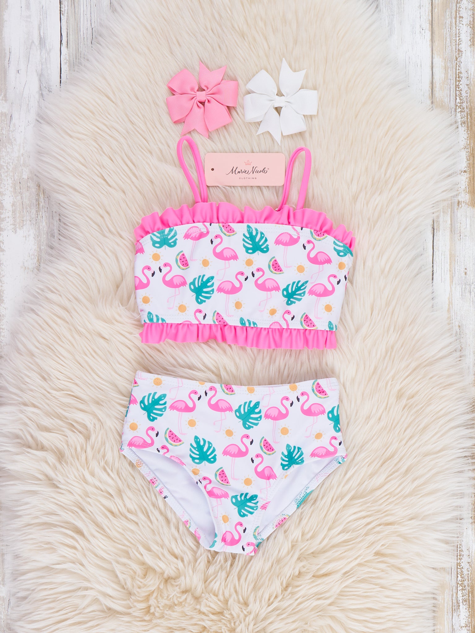 Flamingo Fiesta Ruffle 3 - Piece Swimsuit Set - Marie Nicole Clothing