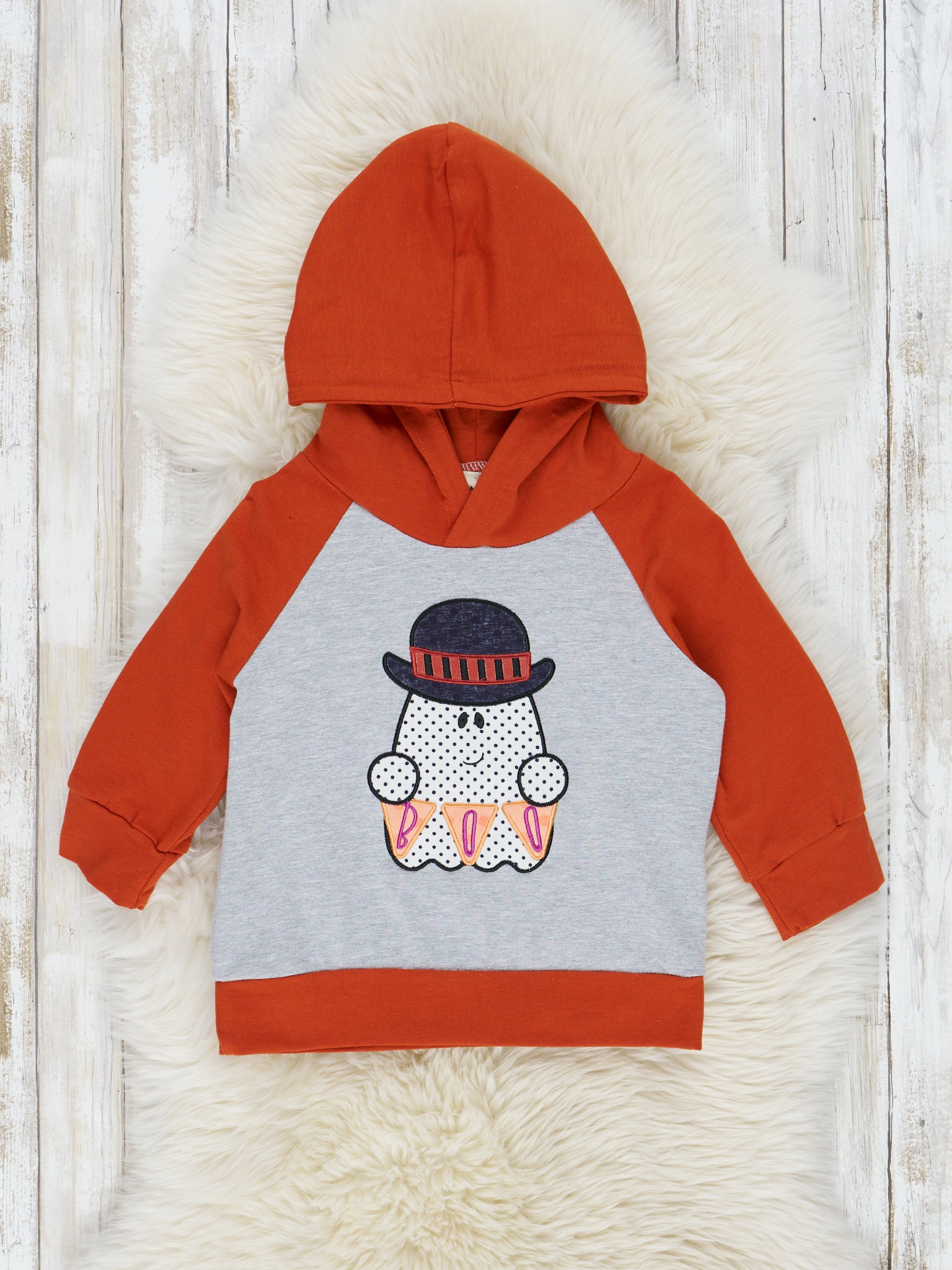 Cinnamon & Heather Grey Embroidered Ghost Hoodie - Marie Nicole Clothing