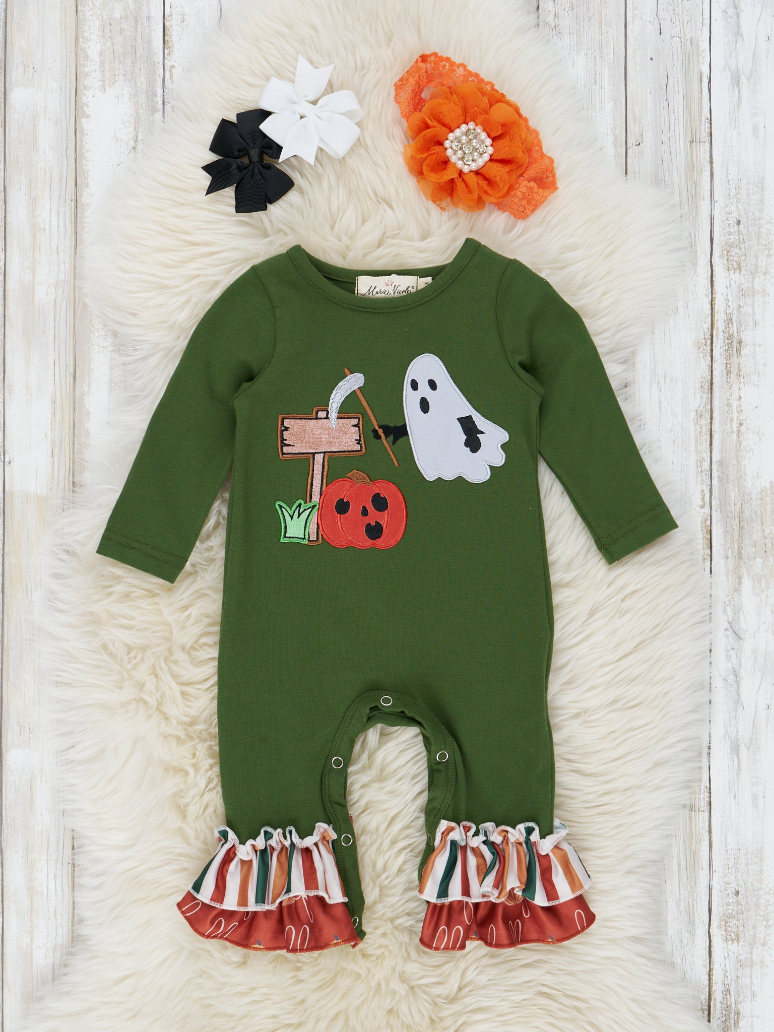 Green Striped Halloween Friends Ruffle Romper - Marie Nicole Clothing