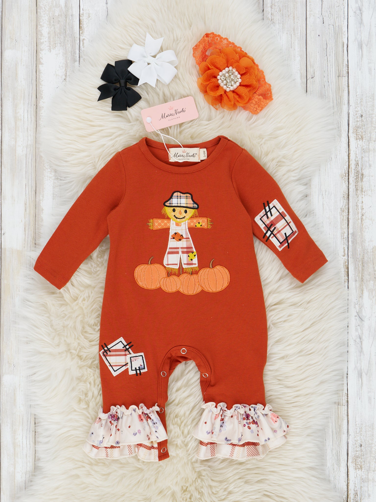 Cinnamon Scarecrow Embroidered Ruffle Romper - Marie Nicole Clothing