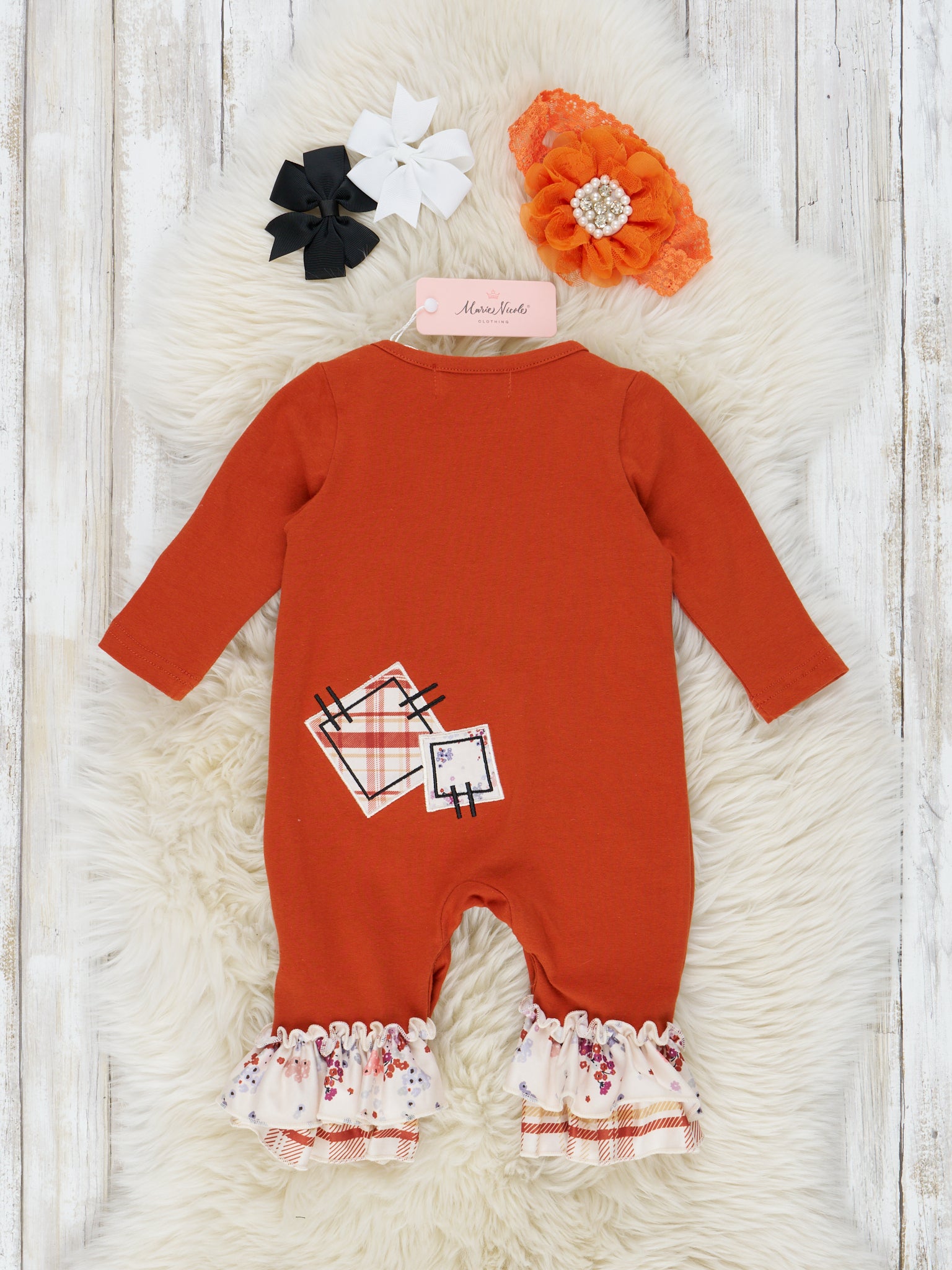 Cinnamon Scarecrow Embroidered Ruffle Romper - Marie Nicole Clothing