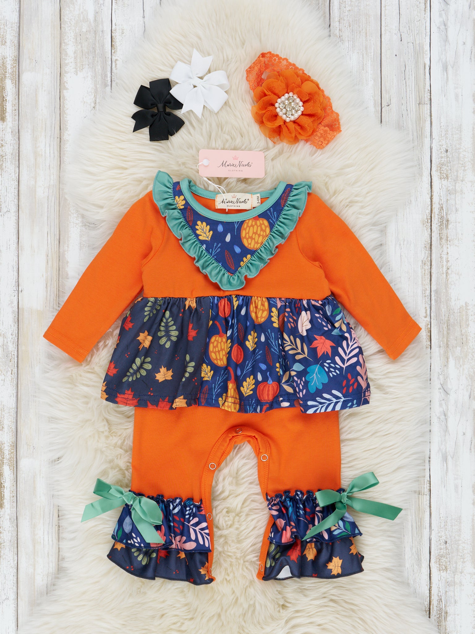 Harvest Orange Mixed Print Ruffle Romper - Marie Nicole Clothing