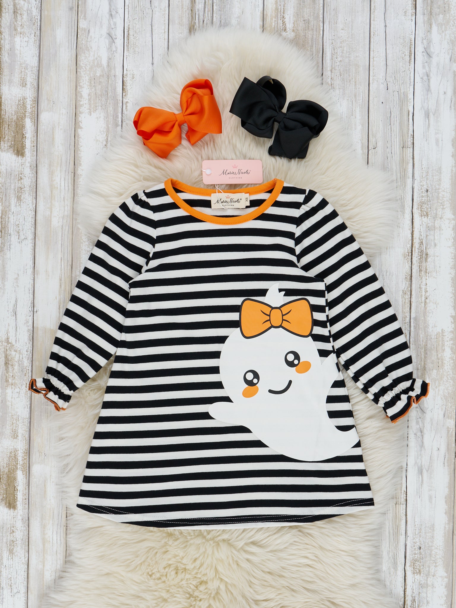 Black & White Stripe Friendly Ghost Ruffle Dress - Marie Nicole Clothing