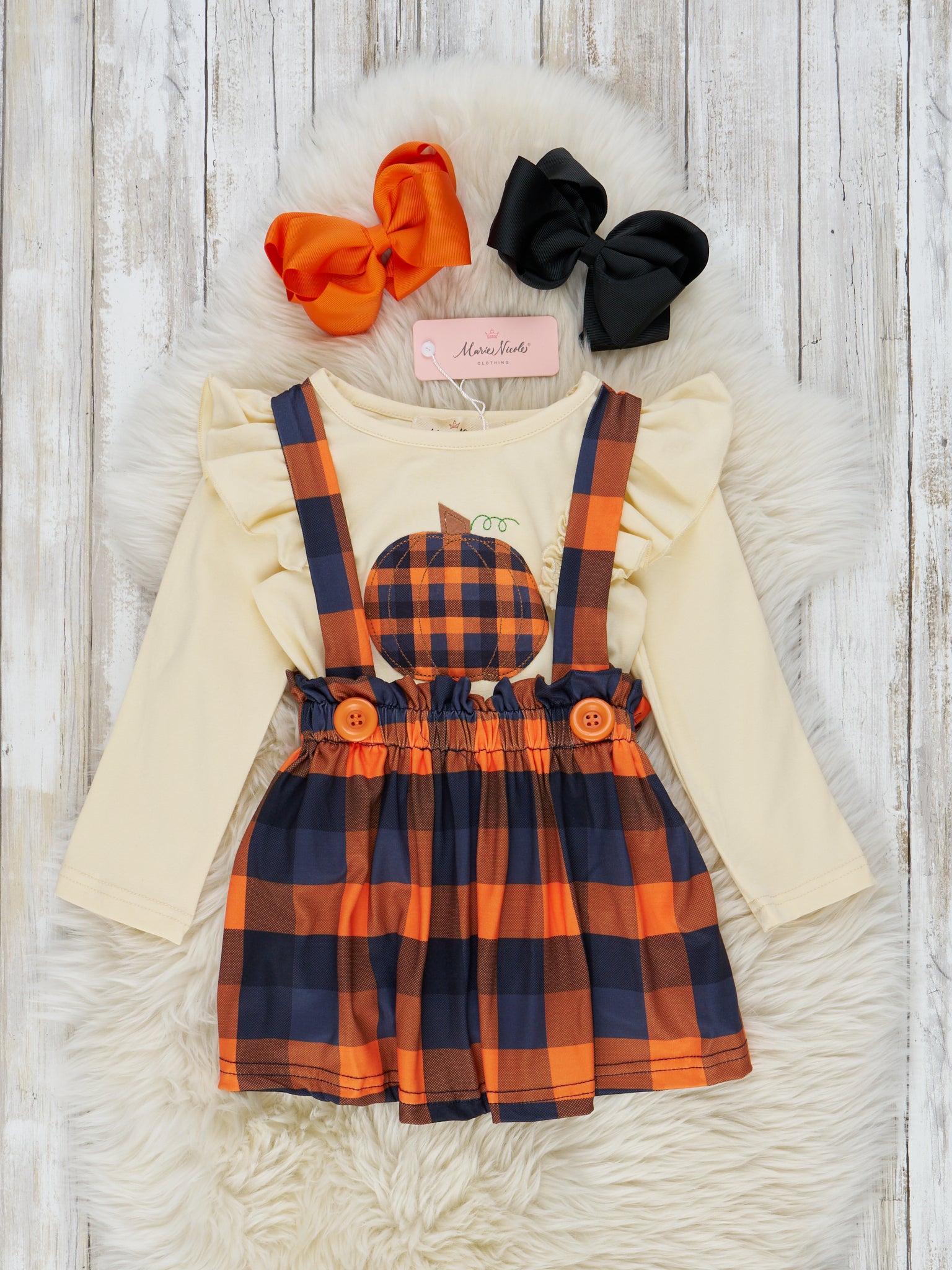 Orange & Black Plaid Overall Skirt Set - Marie Nicole Clothing