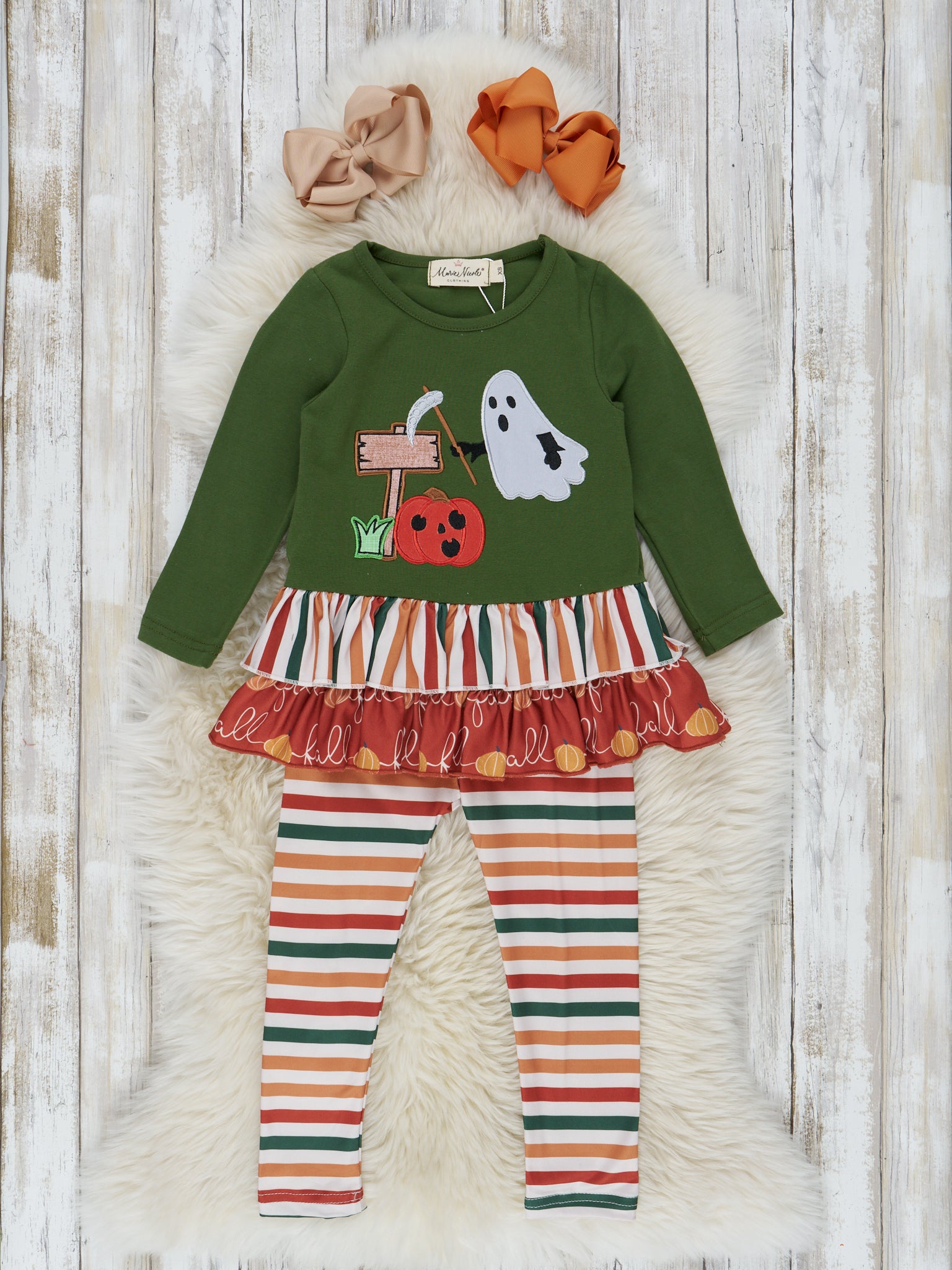 Green Striped Halloween Friends Ruffle Outfit - Marie Nicole Clothing