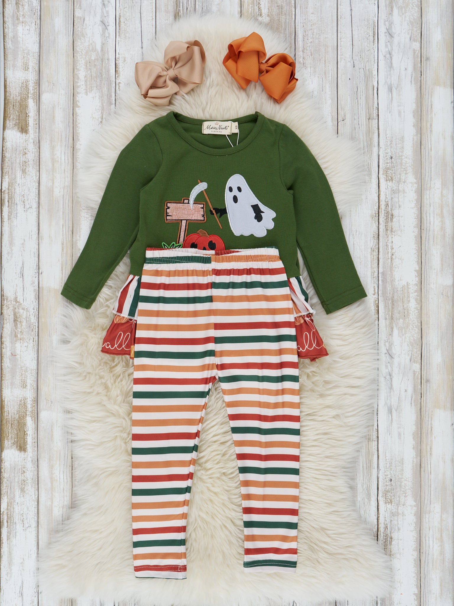 Green Striped Halloween Friends Ruffle Outfit - Marie Nicole Clothing
