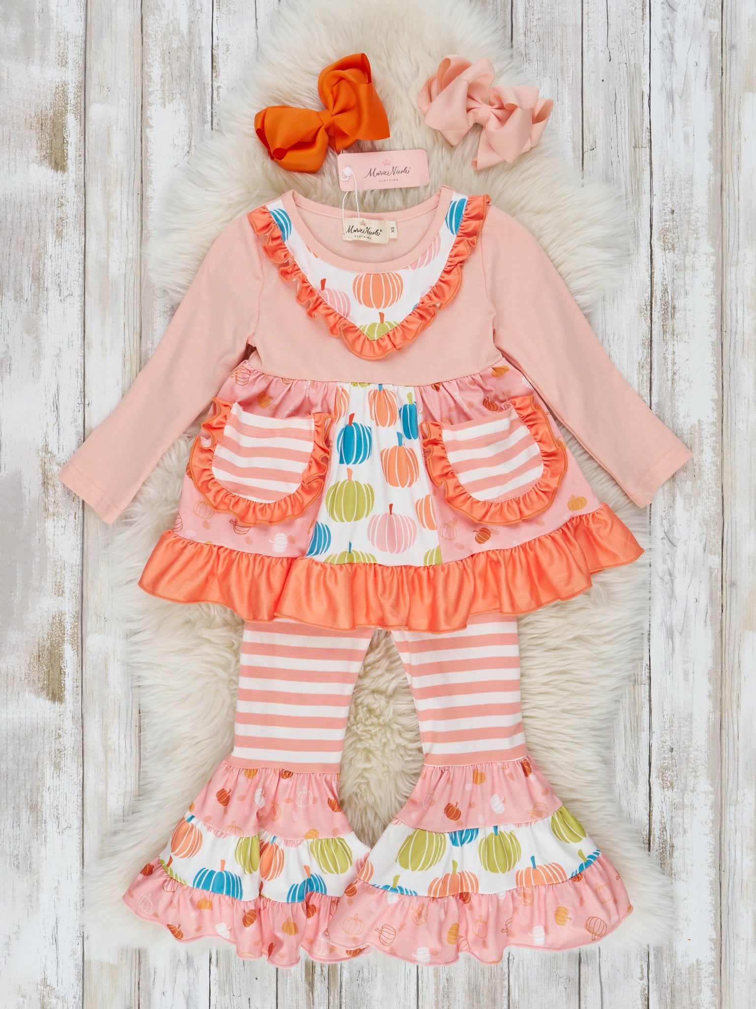 Pocket Flara Bells Outfit - Coral Pumpkins - Marie Nicole Clothing