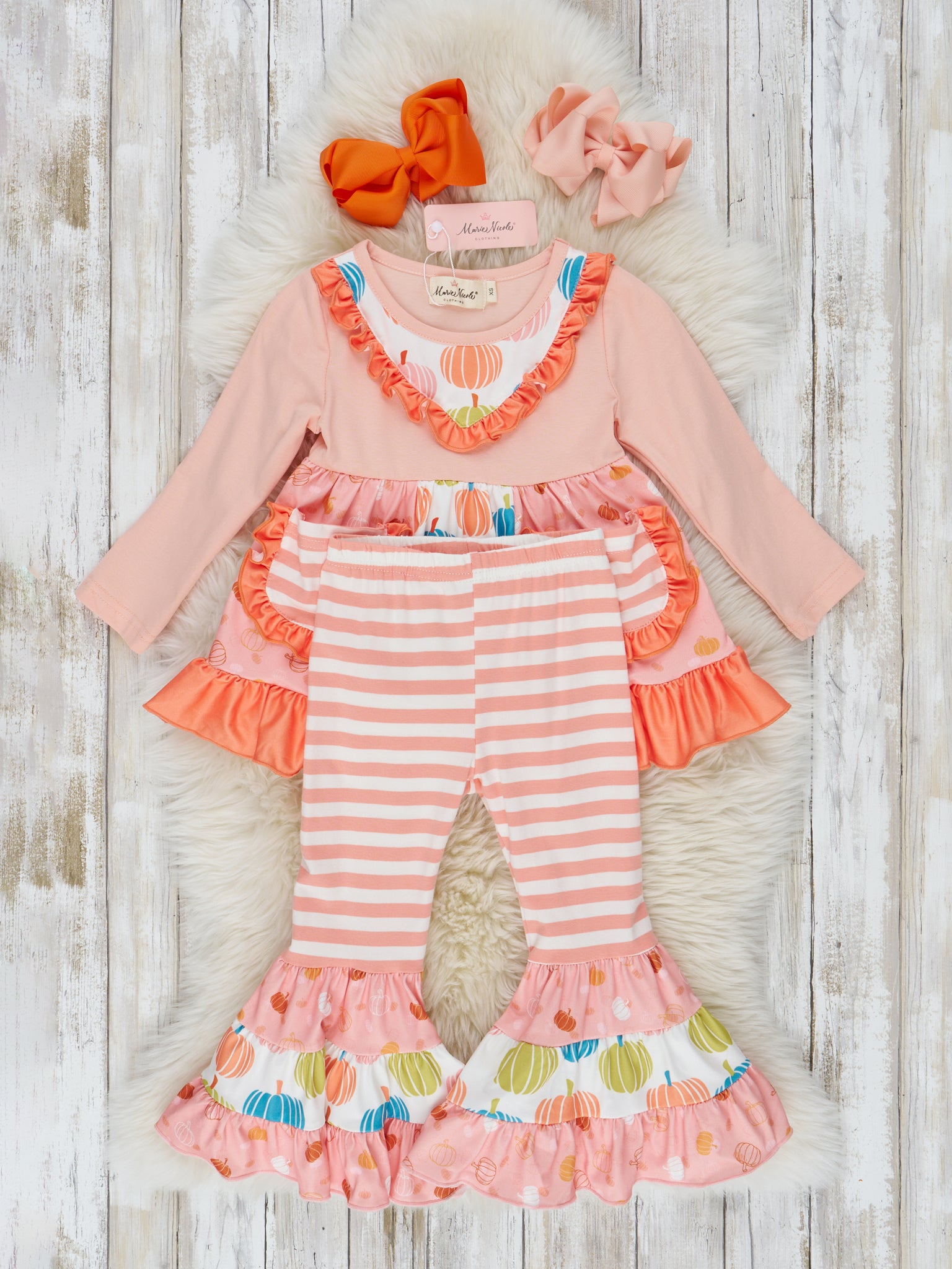 Pocket Flara Bells Outfit - Coral Pumpkins - Marie Nicole Clothing