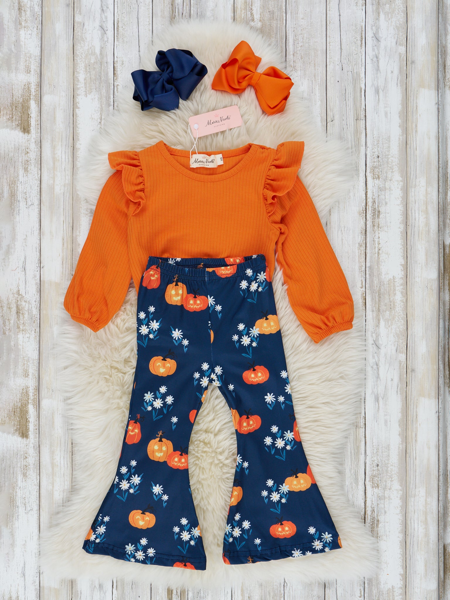 Orange & Navy Pumpkin Bell Bottom Outfit - Marie Nicole Clothing