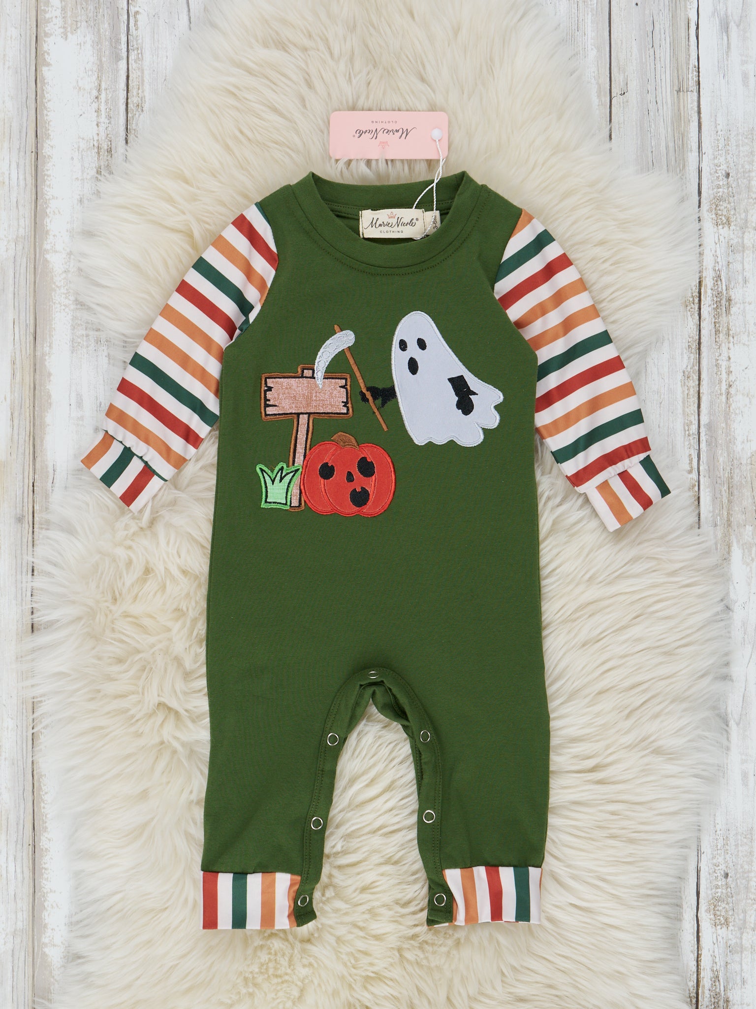 Green Striped Halloween Friends Raglan Romper - Marie Nicole Clothing