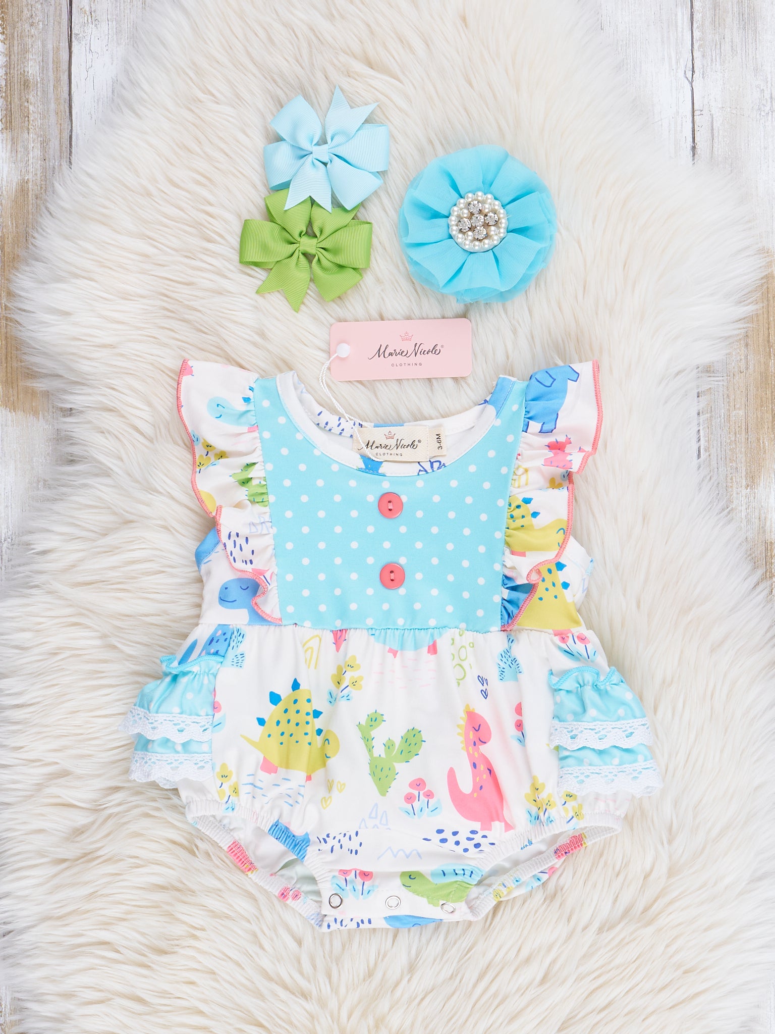 Coral & Teal Dinosaur World Ruffle Bubble Romper - Marie Nicole Clothing