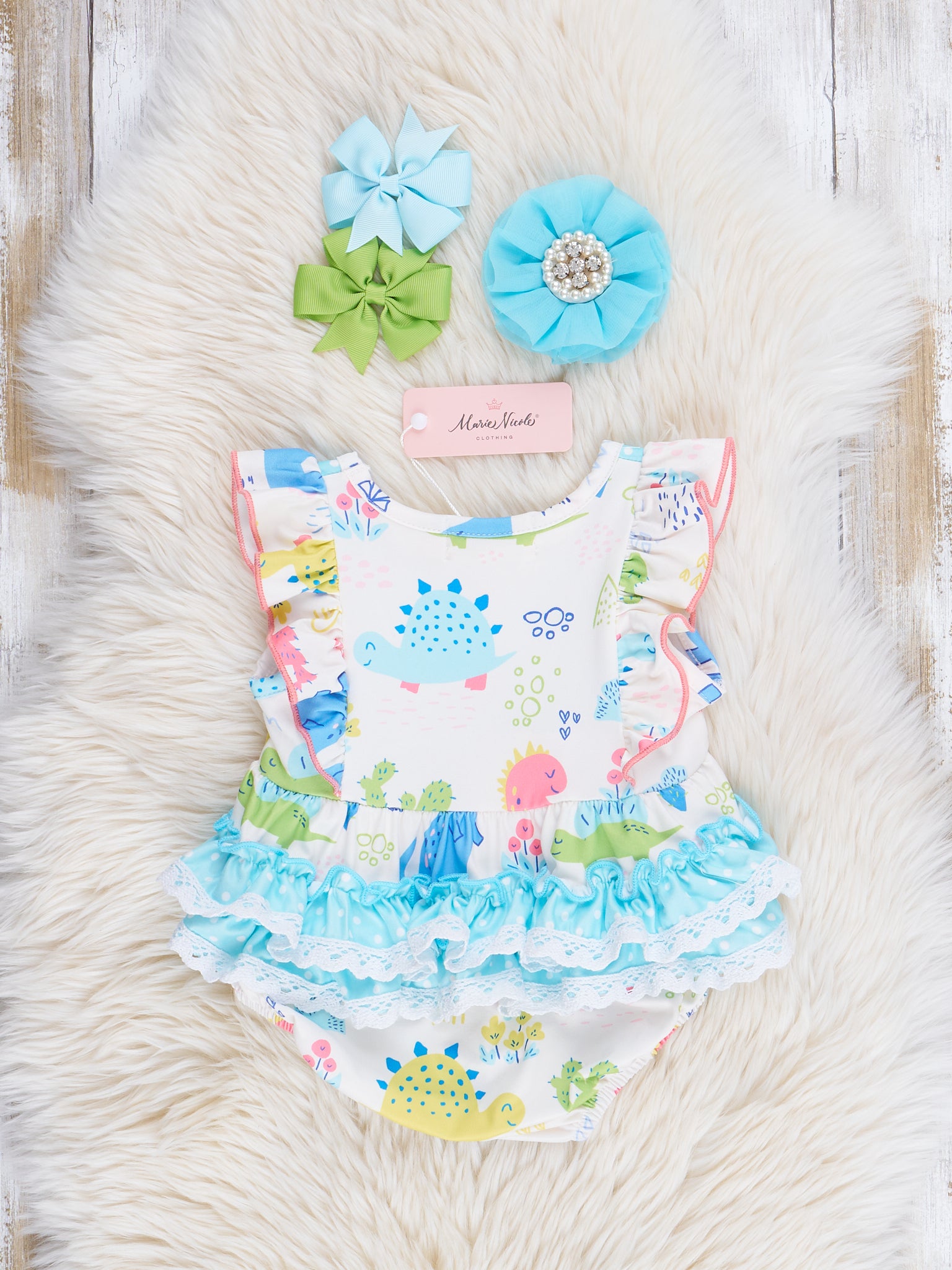 Coral & Teal Dinosaur World Ruffle Bubble Romper - Marie Nicole Clothing