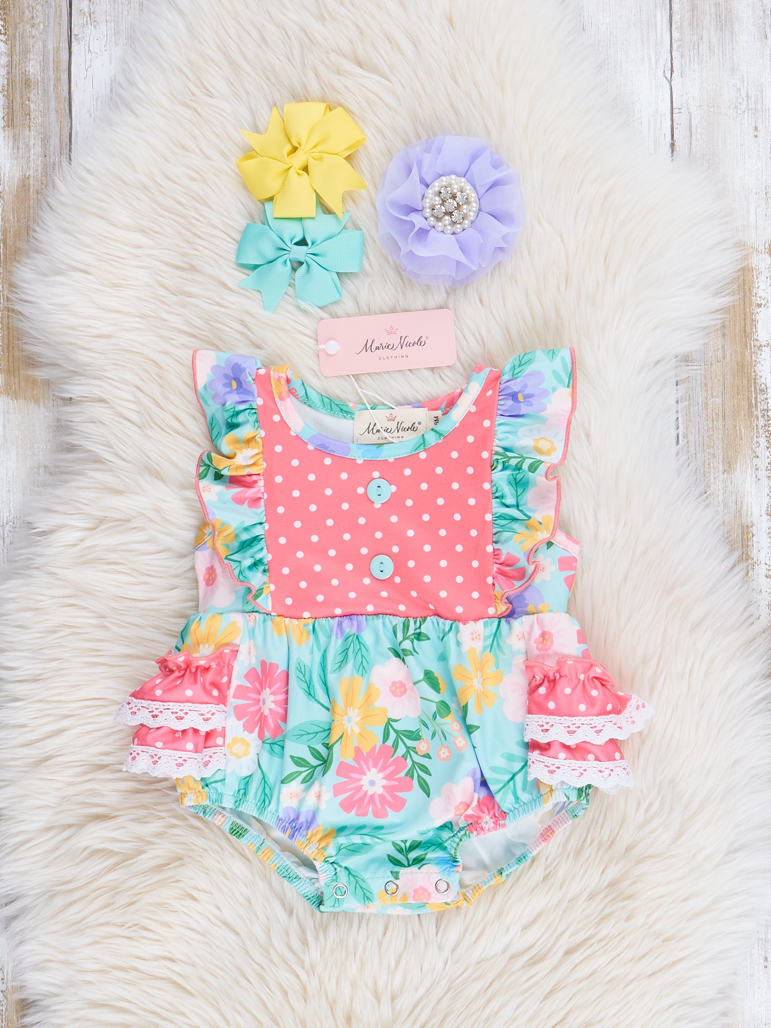 Green Garden Ruffle Bubble Romper - Marie Nicole Clothing