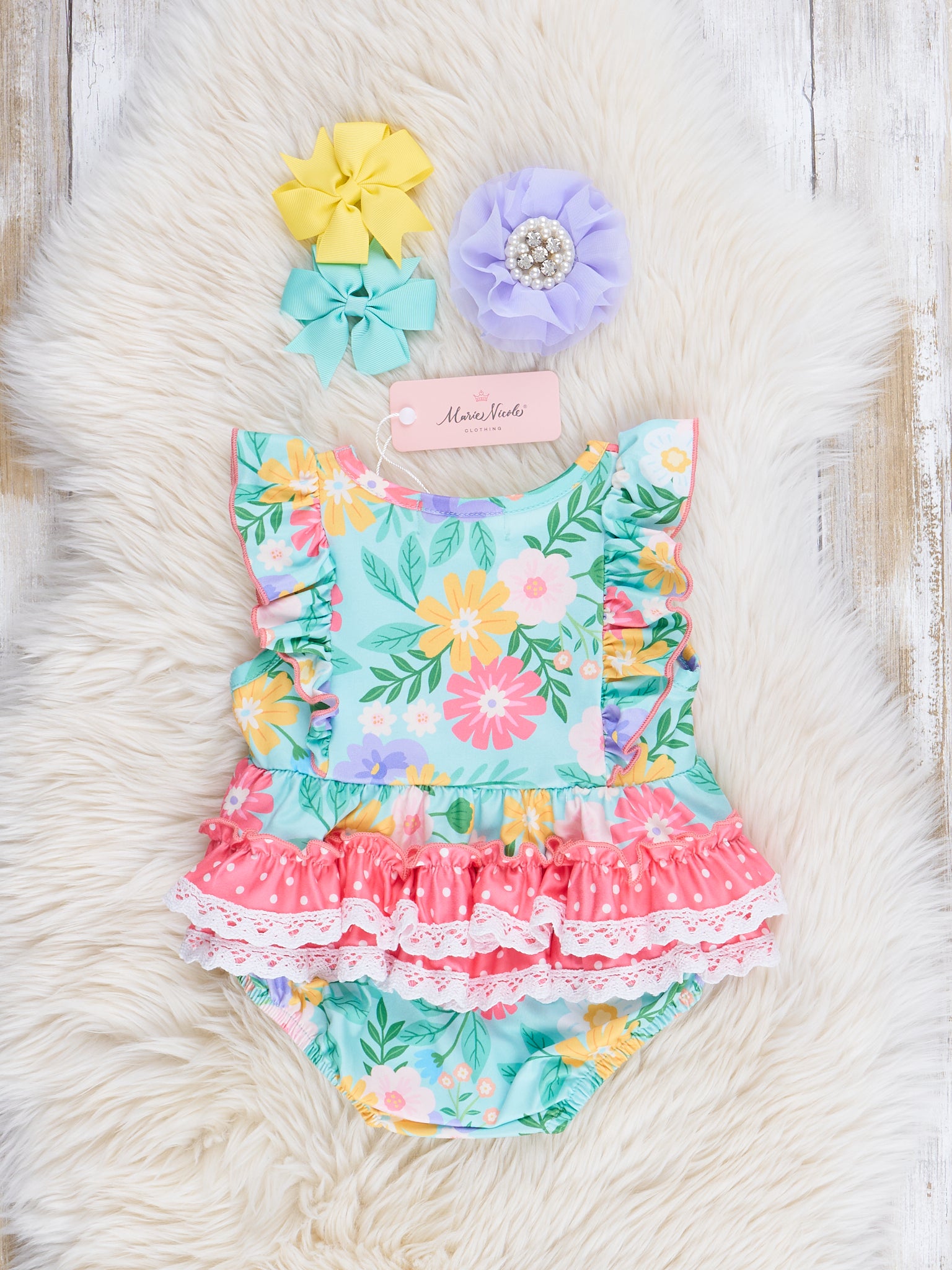 Green Garden Ruffle Bubble Romper - Marie Nicole Clothing