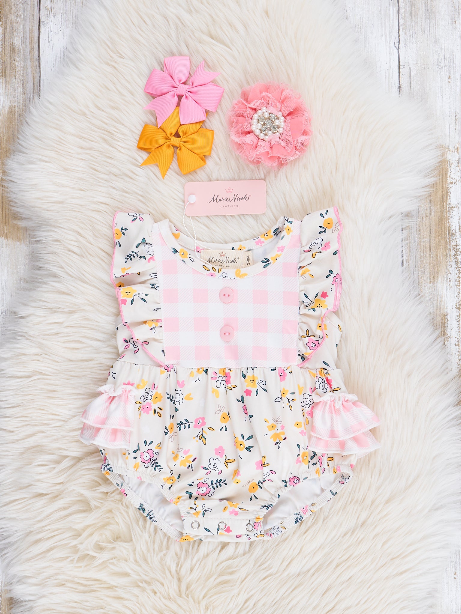 Soft Pink & Yellow Prairie Blooms Bubble Romper - Marie Nicole Clothing