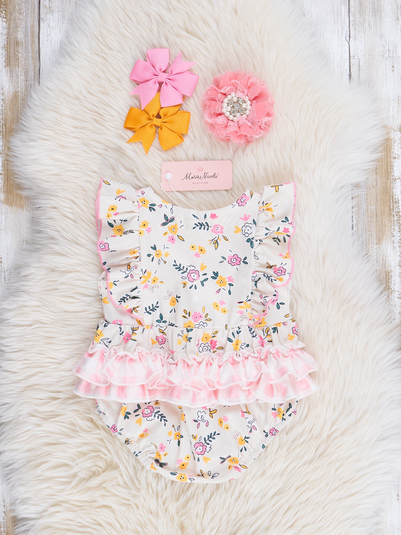 Soft Pink & Yellow Prairie Blooms Bubble Romper - Marie Nicole Clothing