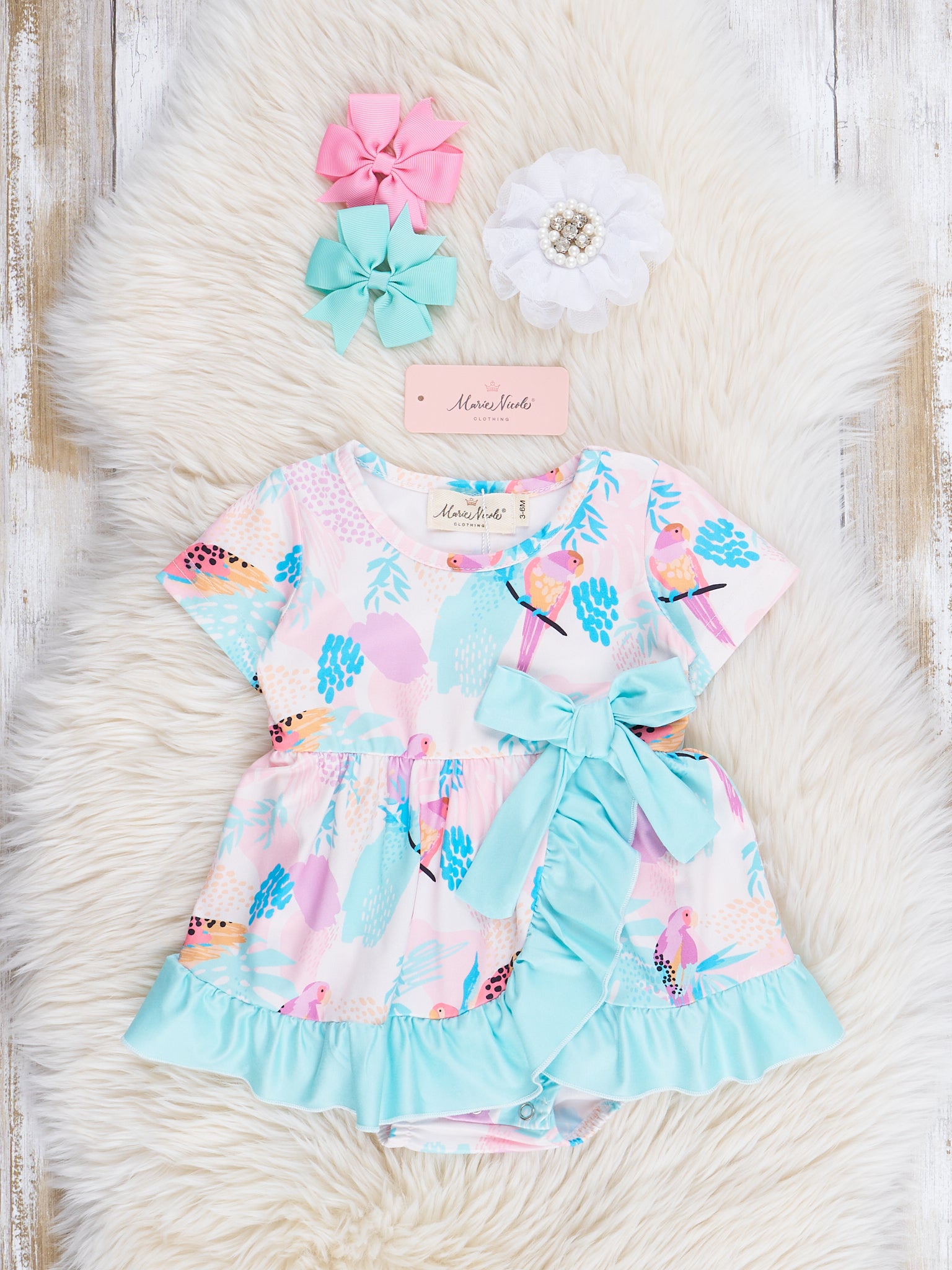 Pink & Teal Parrots Wrap Ruffle Bubble Romper - Marie Nicole Clothing