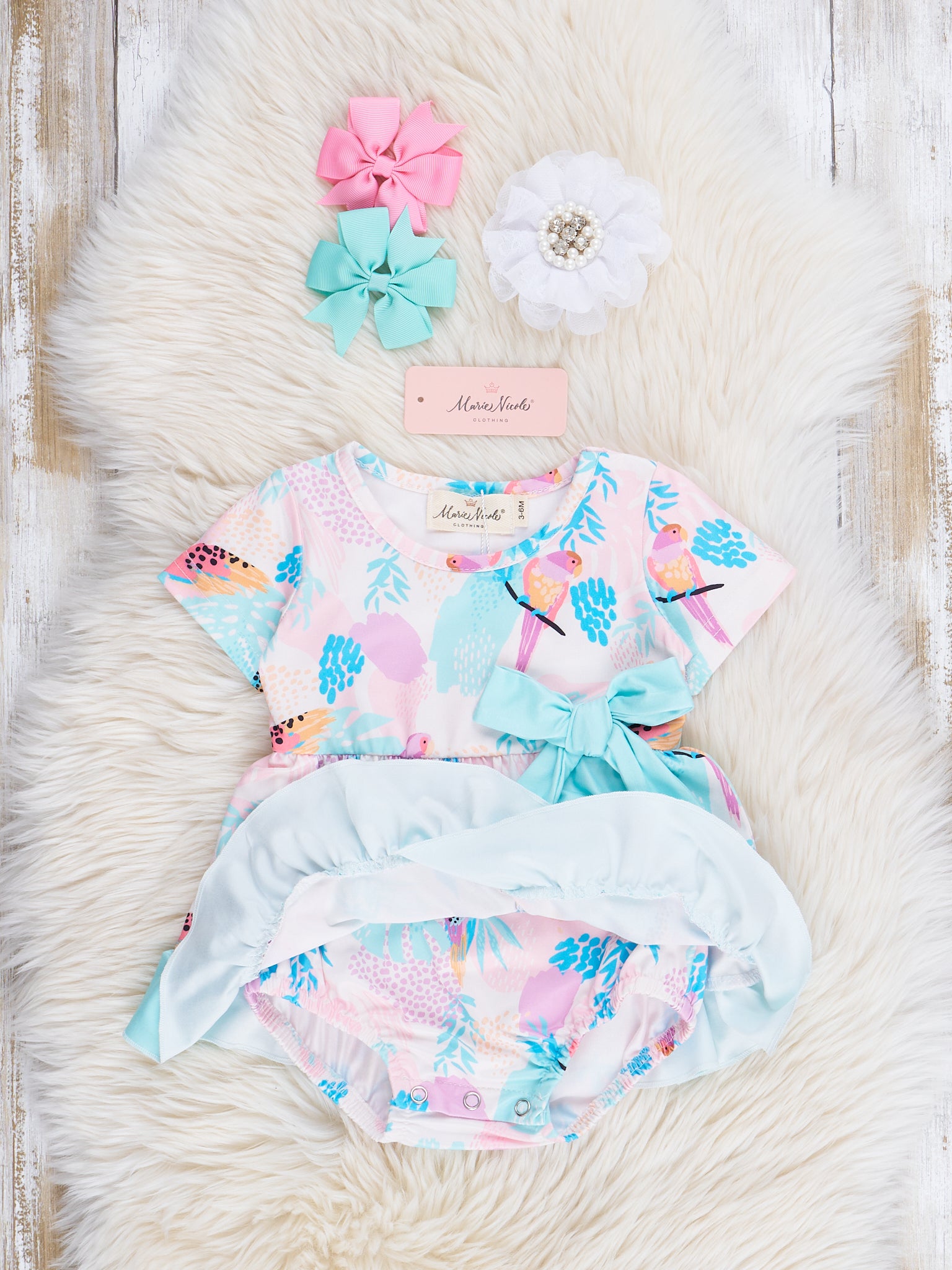 Pink & Teal Parrots Wrap Ruffle Bubble Romper - Marie Nicole Clothing