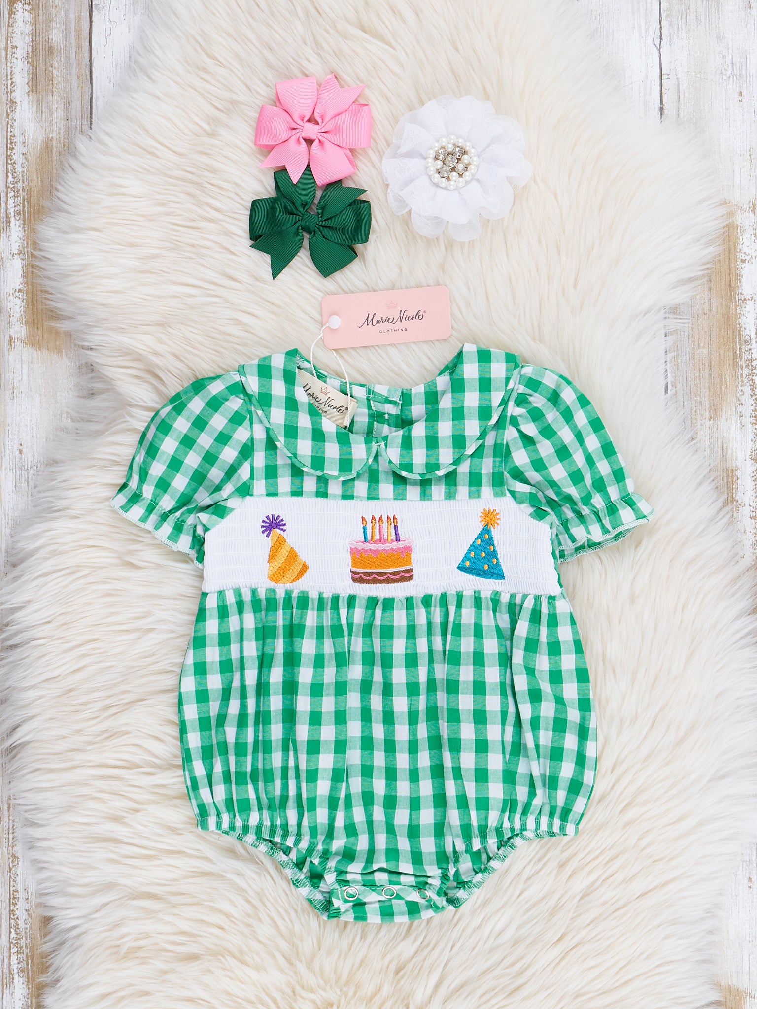 Green Gingham Party Time Smocked Bubble Romper - Marie Nicole Clothing