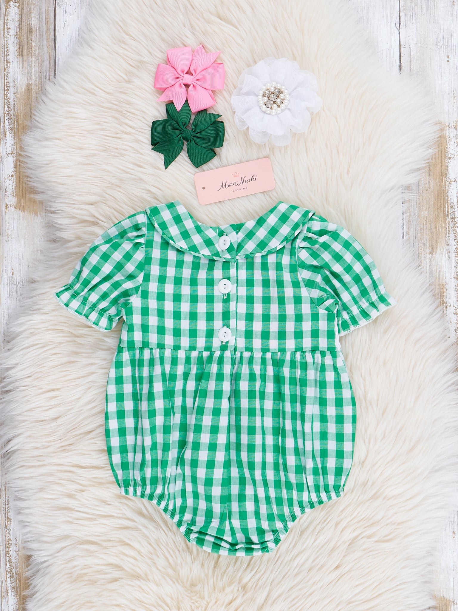 Green Gingham Party Time Smocked Bubble Romper - Marie Nicole Clothing