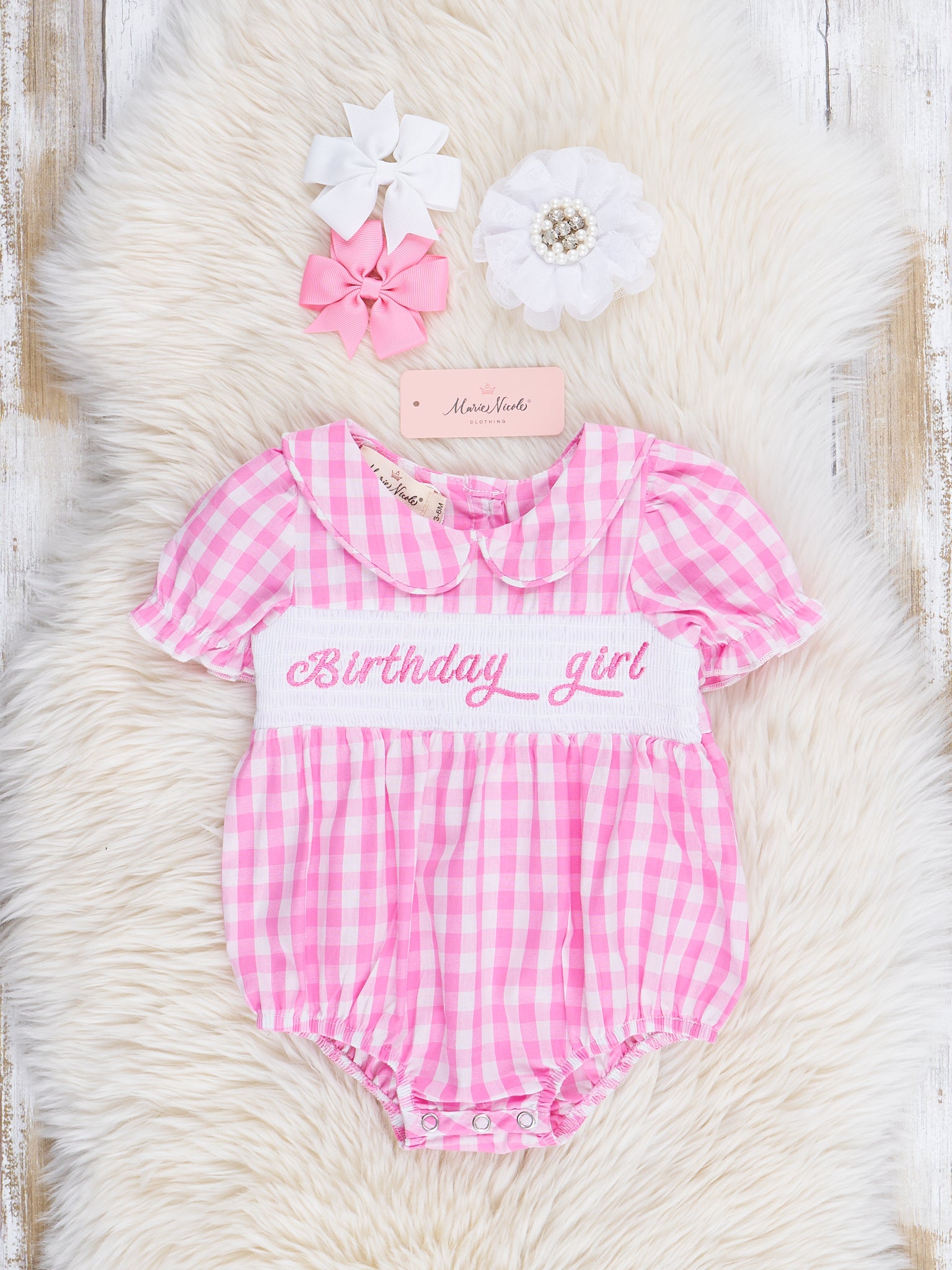 Pink Birthday Girl Smocked Bubble Romper - Marie Nicole Clothing