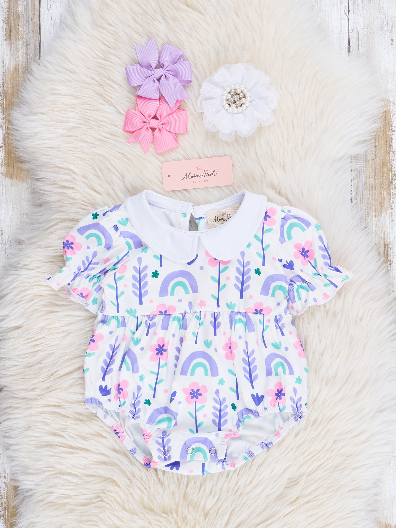 Purple Rainbow Garden Ruffle Bubble Romper - Marie Nicole Clothing