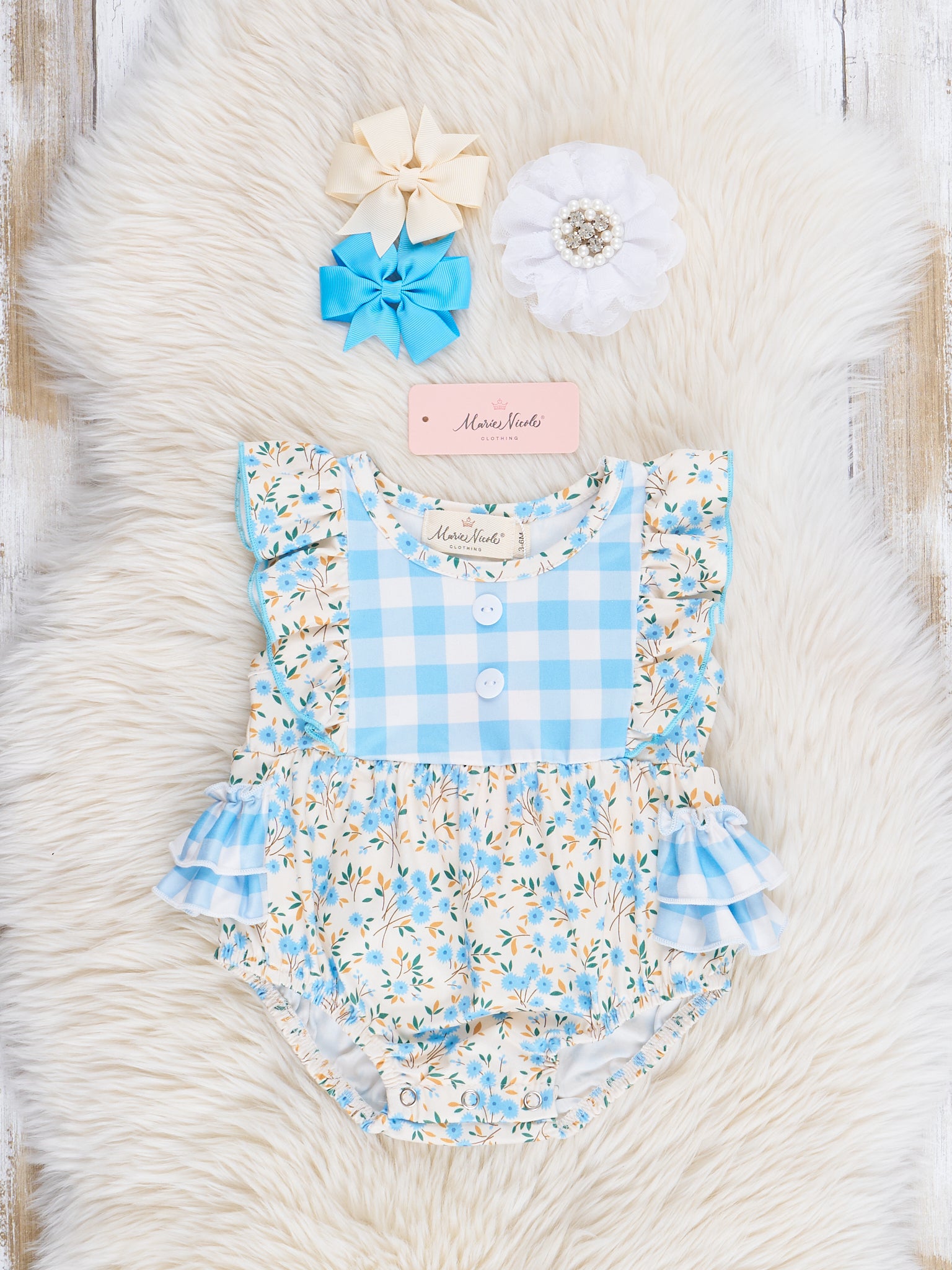Soft Blue & Yellow Prairie Blooms Bubble Romper - Marie Nicole Clothing