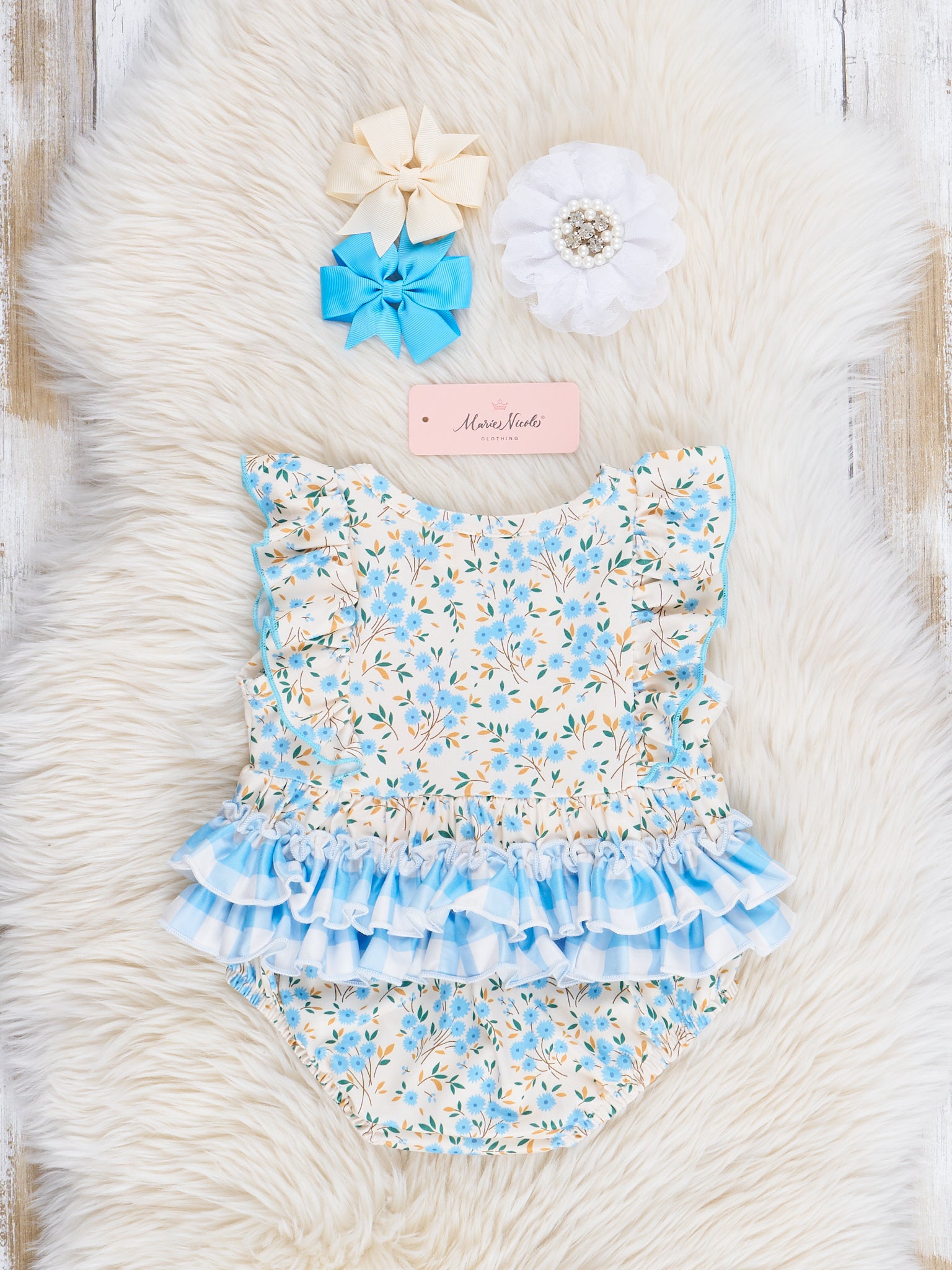 Soft Blue & Yellow Prairie Blooms Bubble Romper - Marie Nicole Clothing